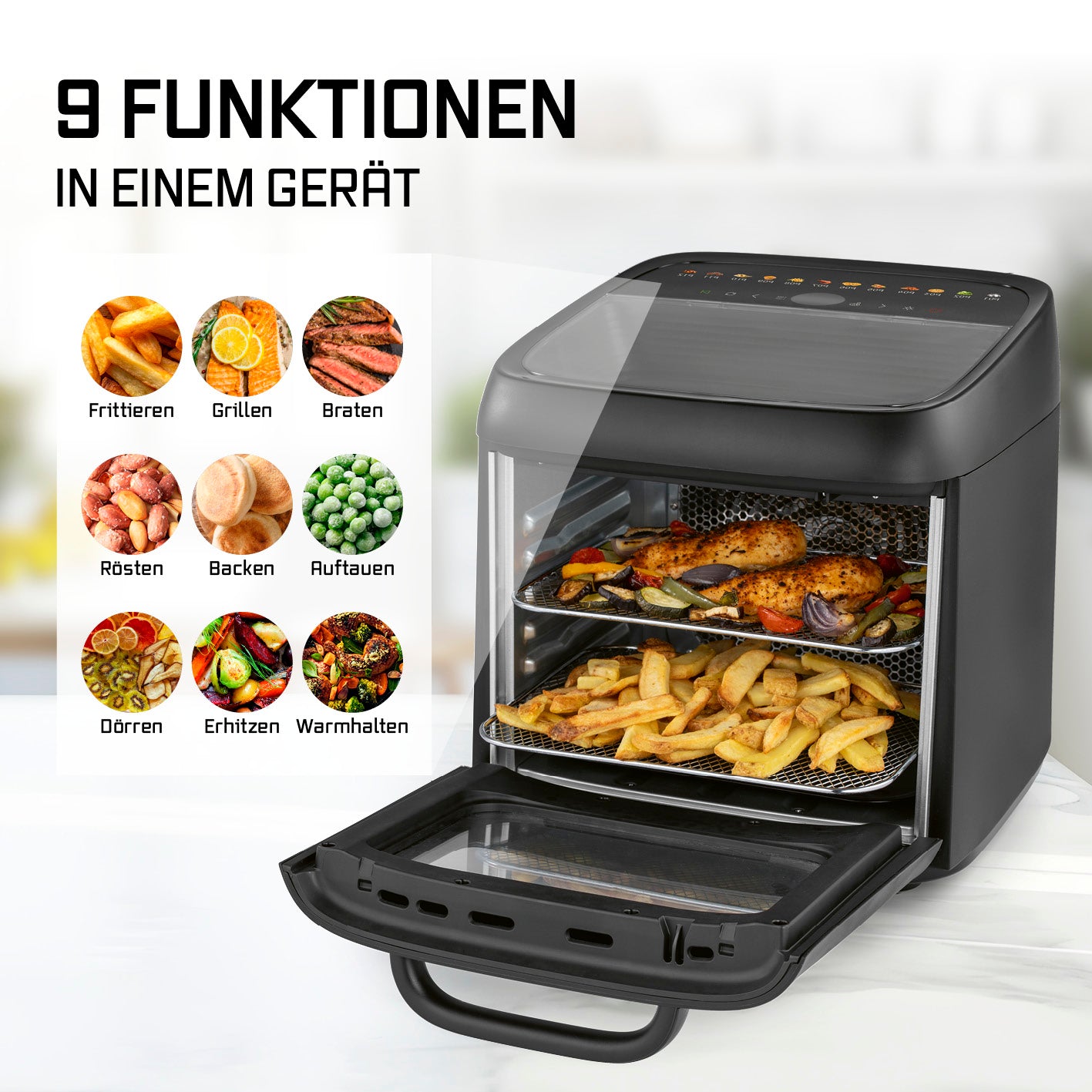 Heißluftofen mit Panoramadach und Frontfenster - 12,5 l mit 9 Funktionen, offenem Garraum und zwei Einschüben für vielseitiges Kochen.