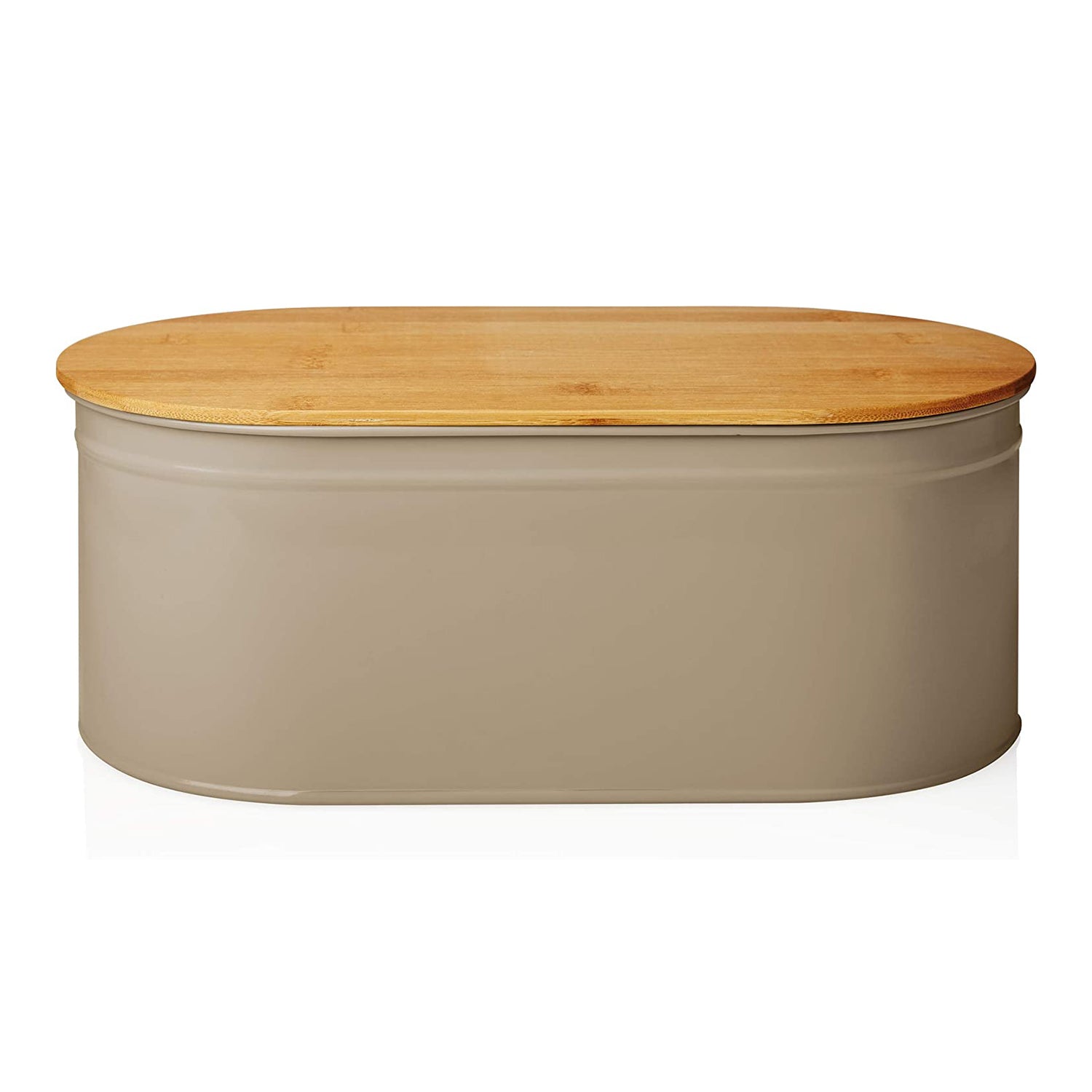 Cuisine Brotkasten aus Metall mit Bambus Deckel - Oval 36 x 20 x 13,8 cm in Grau, platzsparend und mit multifunktionalem Schneidebrettdeckel.