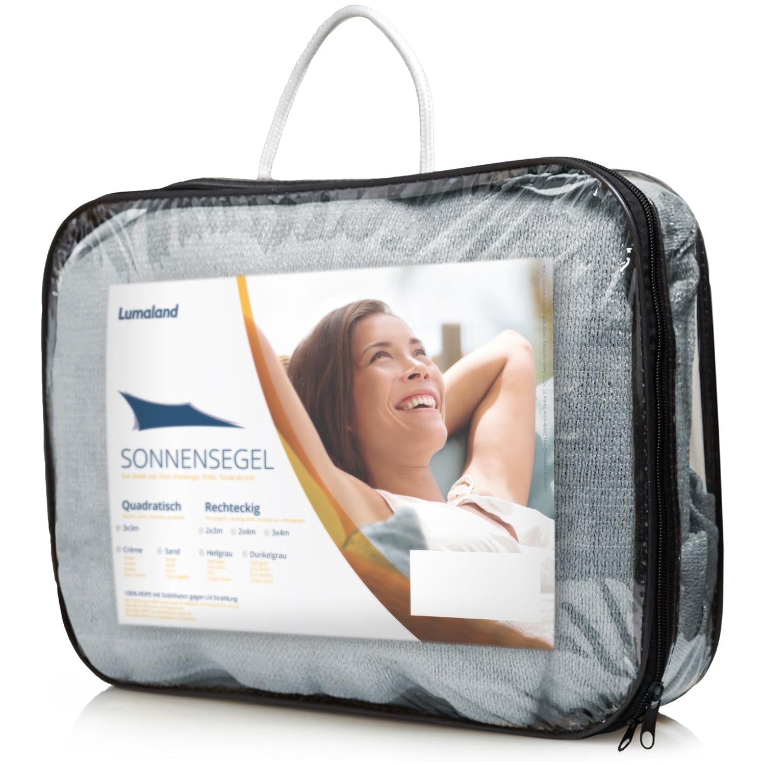 Sonnensegel 100% HDPE mit Stabilisator für UV-Schutz - Quadrat 5 x 5 Meter - Hellgrau verpackt und bereit zur Montage.