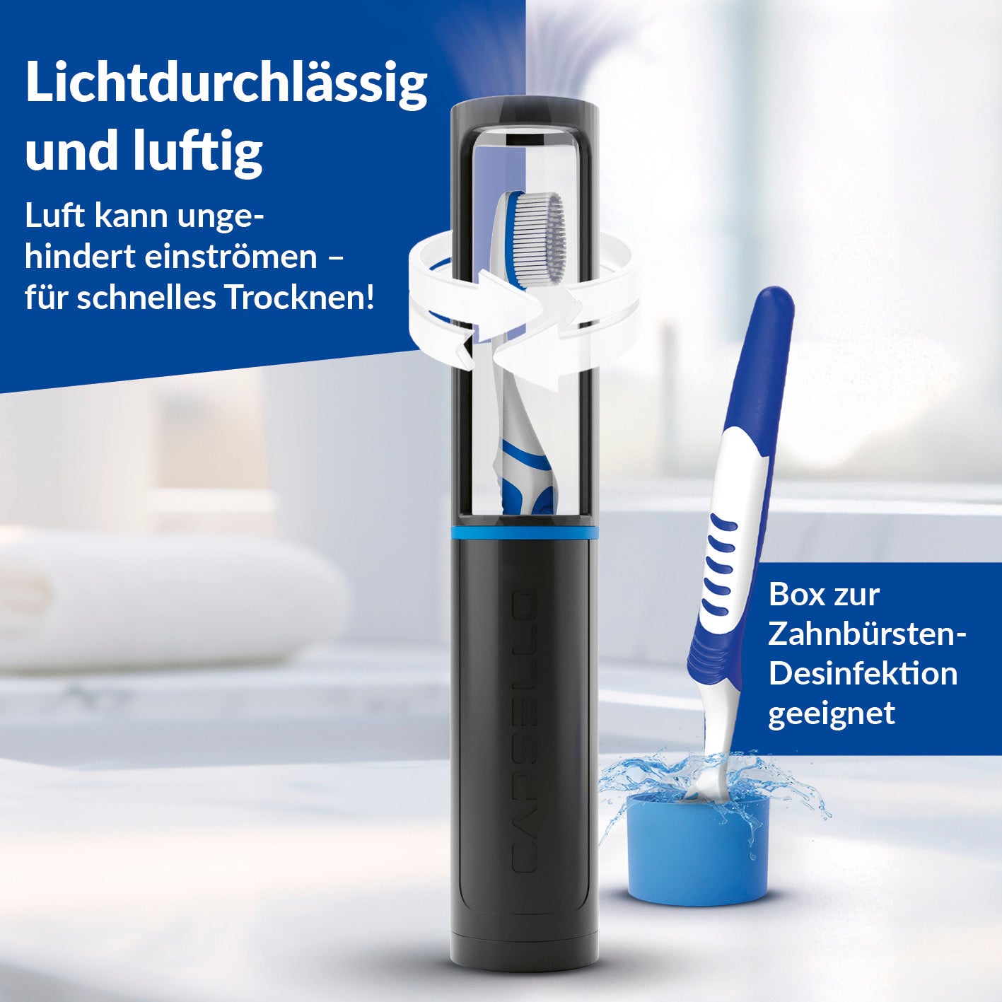 Zahnbürstenbox - schwarz - 2er-Set mit luftiger, lichtdurchlässiger Aufbewahrung und Möglichkeit zur Zahnbürsten-Desinfektion.