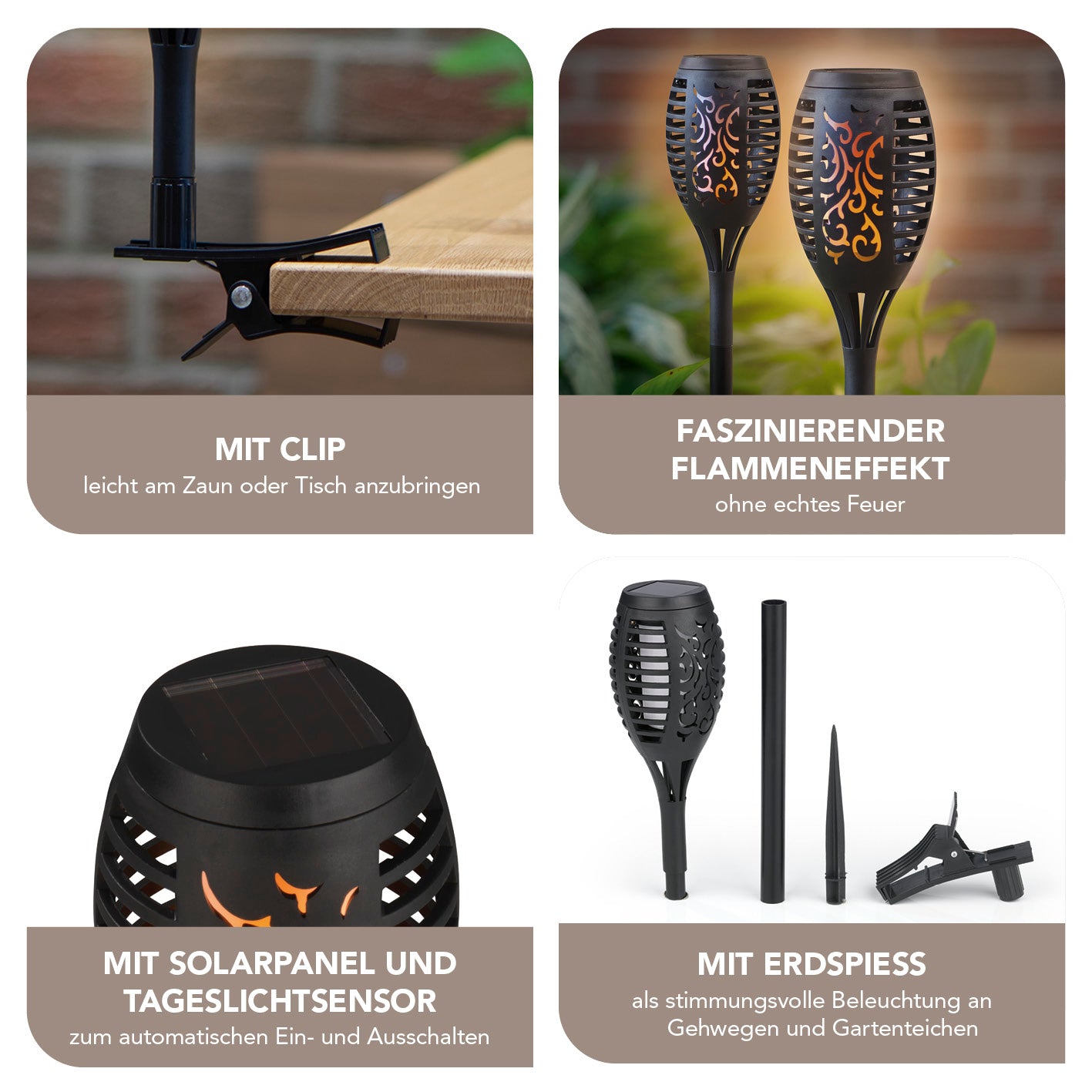 Solar-Fackel LED mit Erdspieß und Clip - 2er-Set mit Flammeneffekt, Solarpanel, Clips und Erdspieß für flexible Gartenbeleuchtung.