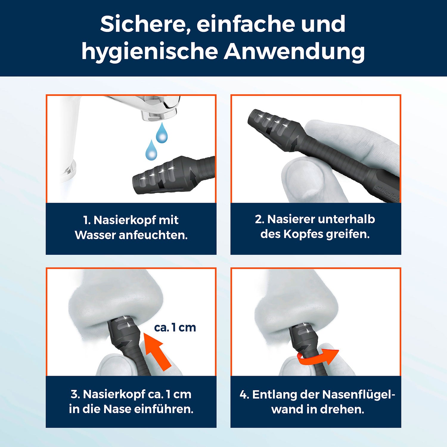 Nasenhaartrimmer - Nasierer 2.0 zeigt einfache, hygienische Anwendung mit Nasierkopf, wasserfest und präziser Führung für sicheres Trimmen.