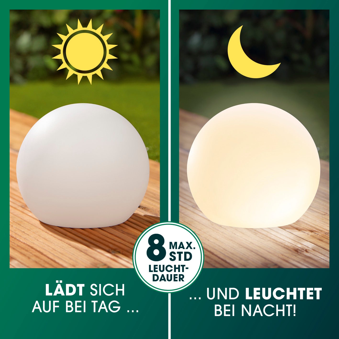Solar-Dekokugel mit Farbwechsel - 2er-Set lädt sich tagsüber auf und leuchtet nachts bis zu 8 Stunden stimmungsvoll warmweiß.