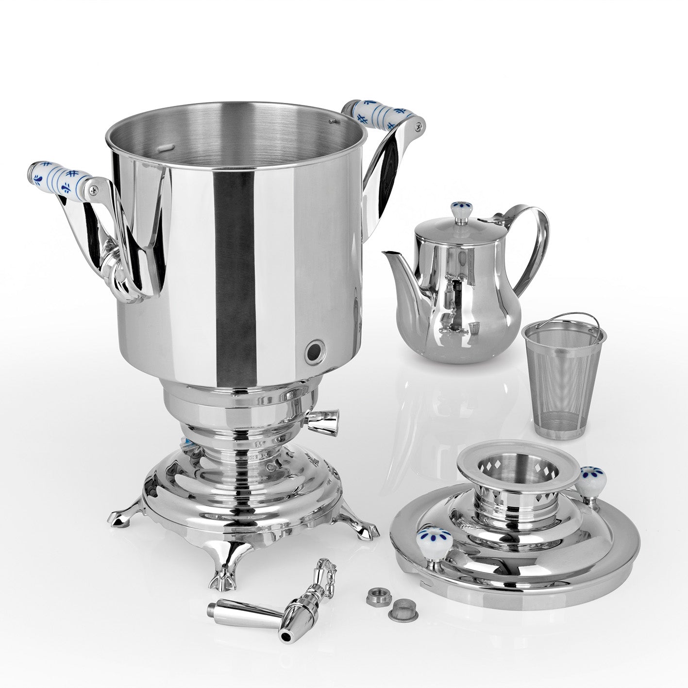 Romanov 1007 III Samowar - 5 Liter - Edelstahl komplett mit Teekanne, Sieb und Heizspiralen für professionelle Teezubereitung.
