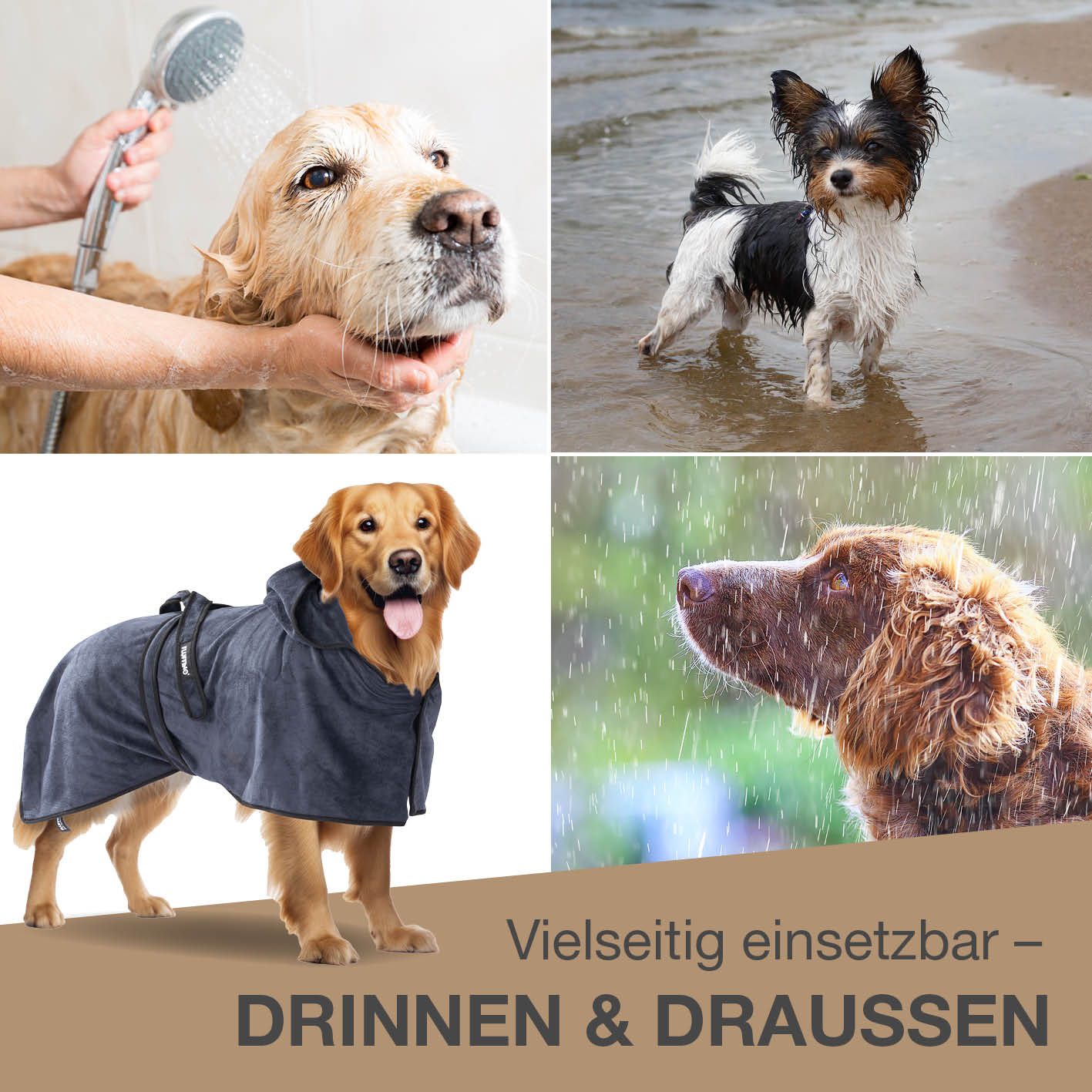 Hundebademantel - Größe S - beige/blau mit Kapuze, saugfähig und schnell trocknend, ideal für kleine Hunde und vielseitig einsetzbar.