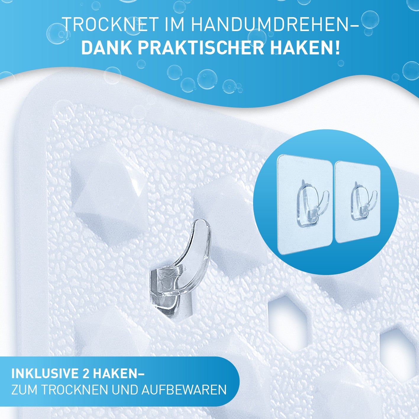 Badewannenmatte 88 x 40 cm – Weiß mit praktischen Haken zum einfachen Trocknen und sicheren Aufbewahren.