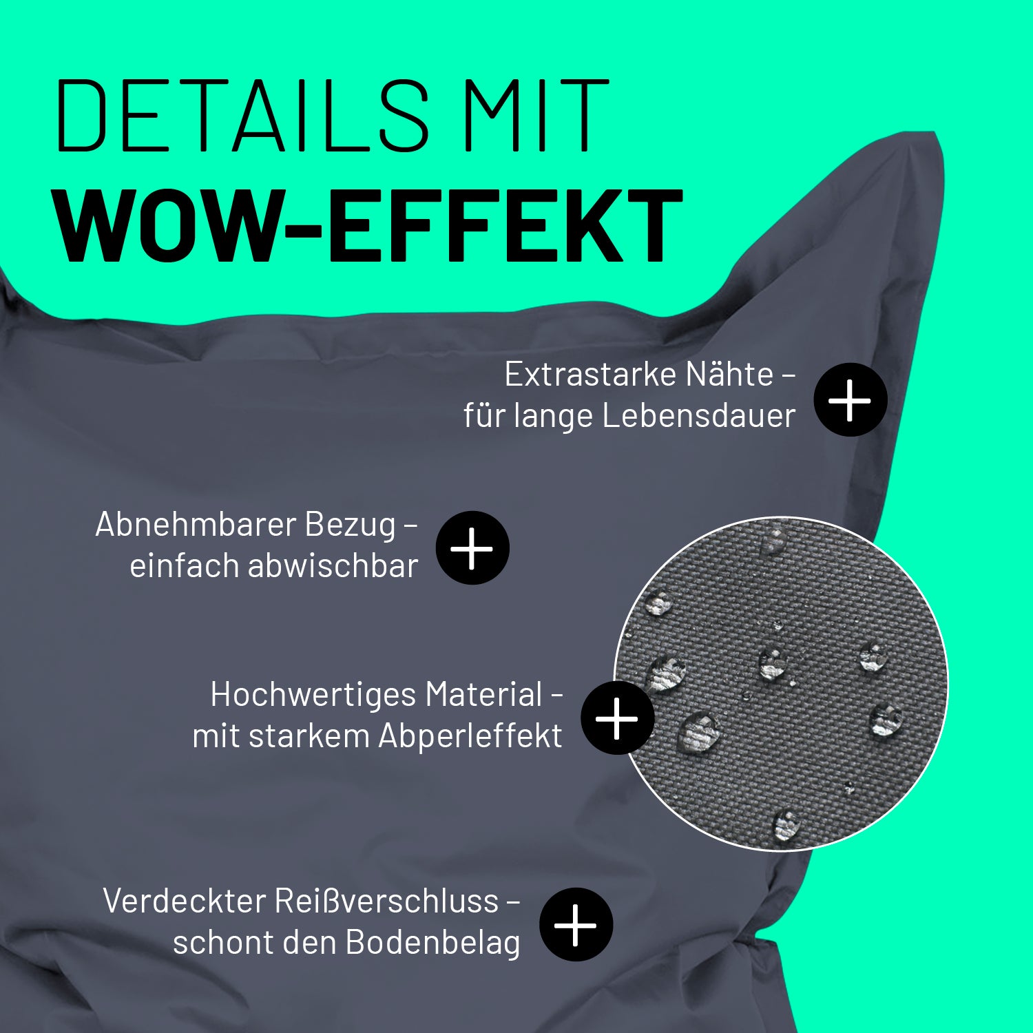 Sitzsack Classic XXL (380 L) in Stahlgrau mit abnehmbarem Bezug, starkem Abperleffekt, extrastarken Nähten und verdecktem Reißverschluss.
