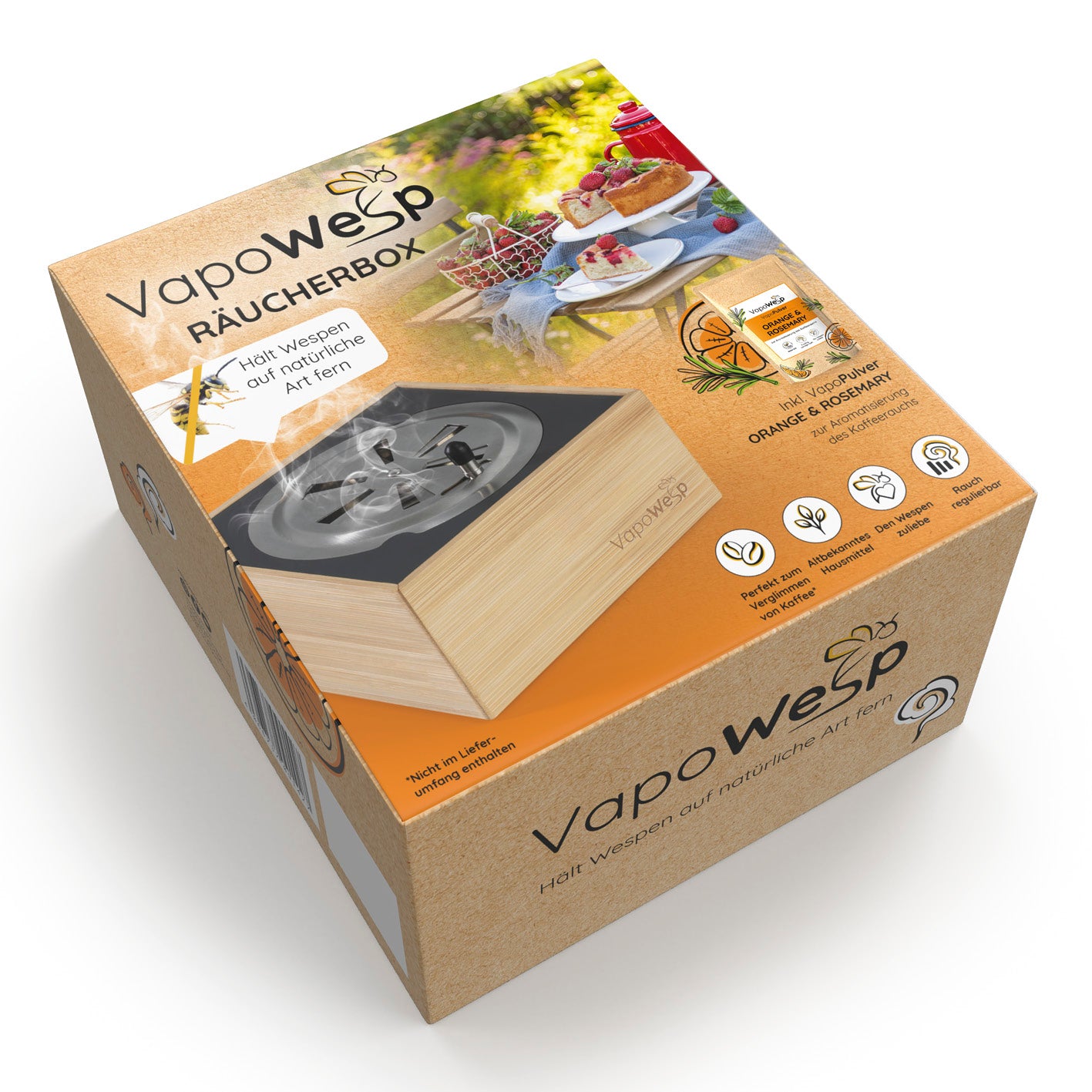 Räucherbox inkl. Orange & Rosemary (50 g) + Lemon & Basil (100 g) + Hay Flowers & Thyme (100 g) + Apple & Mint (100 g) zur natürlichen Wespenabwehr.