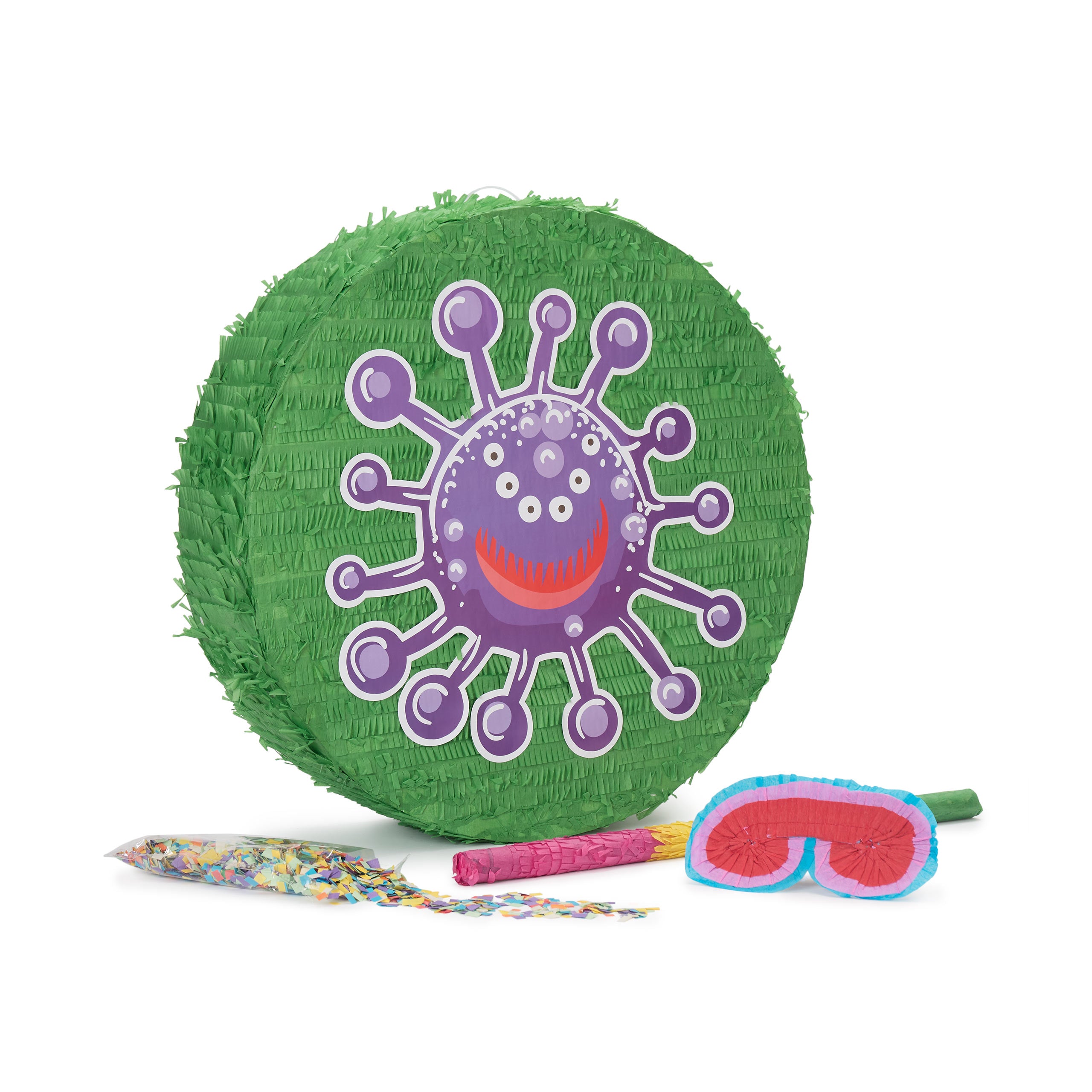 Pinata Set zum Befüllen inkl. Schläger & Augenbinde "Beat The Virus" mit grünem Virus-Motiv, Konfetti, Stock und Augenmaske.