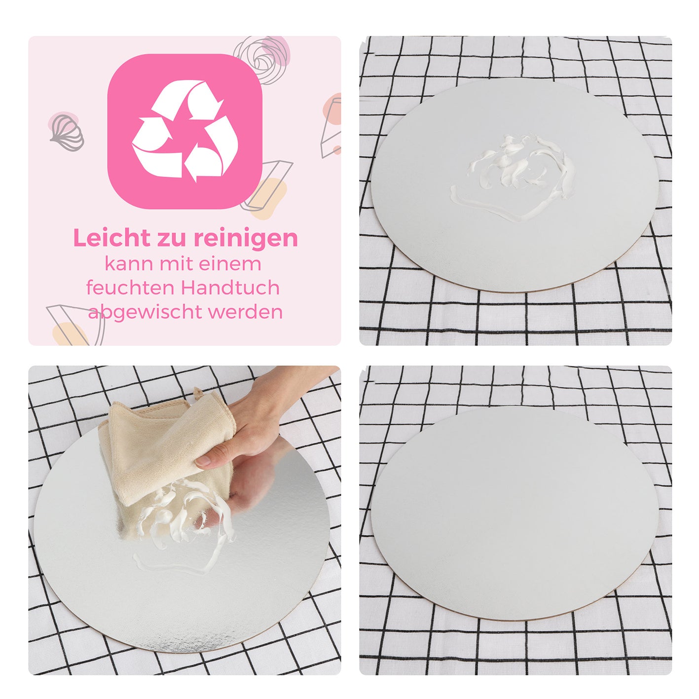 Premium Tortenunterlagen 4er-Set - Gold & Siber, leicht zu reinigen dank glatter, feucht abwischbarer Oberfläche.