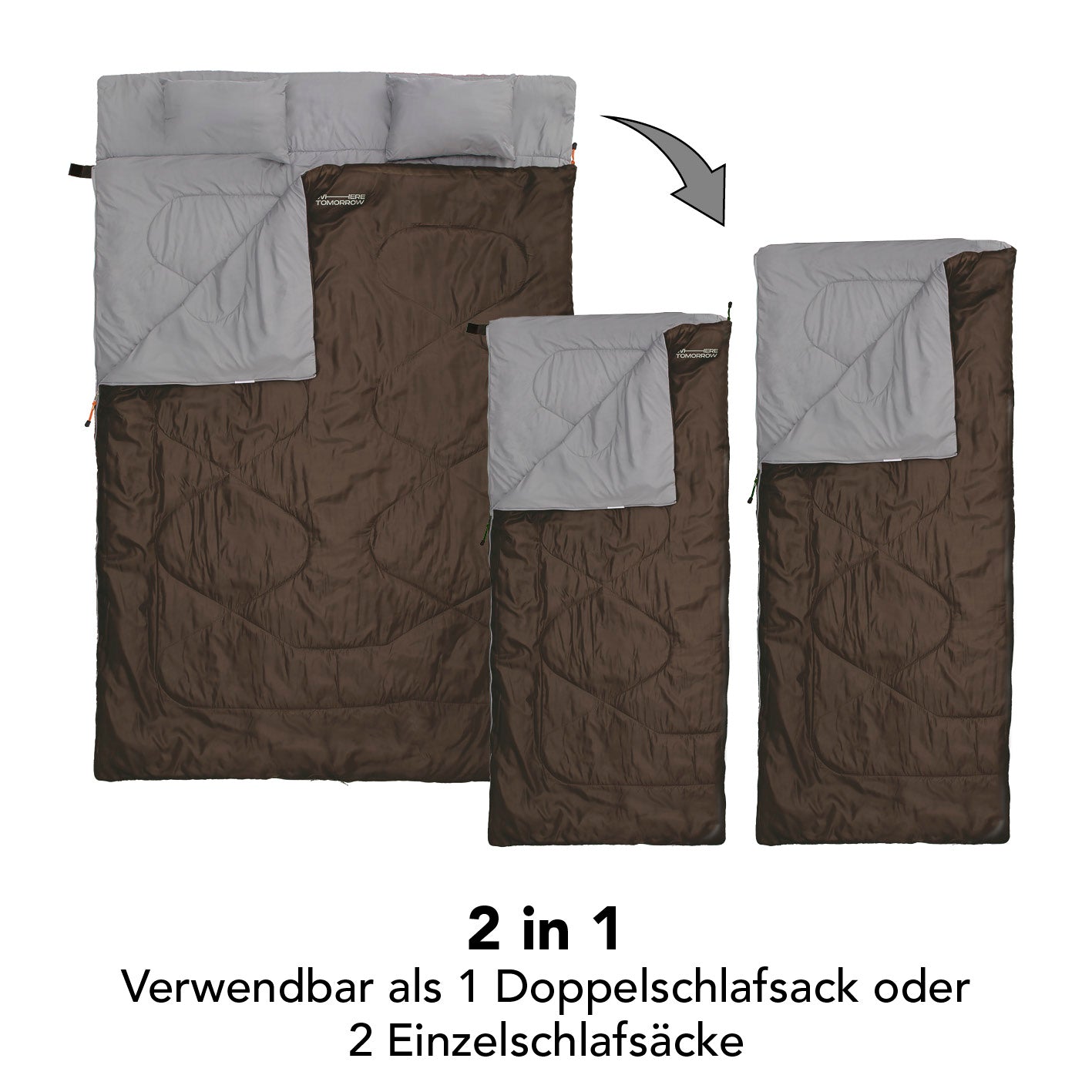 Doppelschlafsack mit Tragetasche - 2-Personen Schlafsack 190x150 cm braun, wandelbar als Doppel- oder Einzelschlafsack, wasserabweisend, campingfähig.