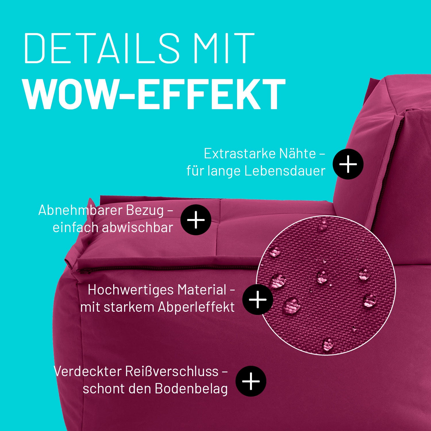 Sitzsack-Sofa Mittelstück (200 L) - Modulares System - indoor & outdoor - Rotwein mit pflegeleichtem, abwischbarem Bezug und extrastarken Nähten.