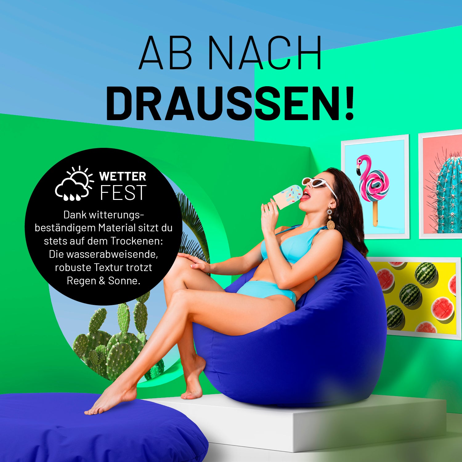 Sitzsack Drops (300 L) Royalblau, wetterfest, leicht, komfortabel für drinnen & draußen mit hochwertiger EPS-Füllung und verdecktem Reißverschluss.