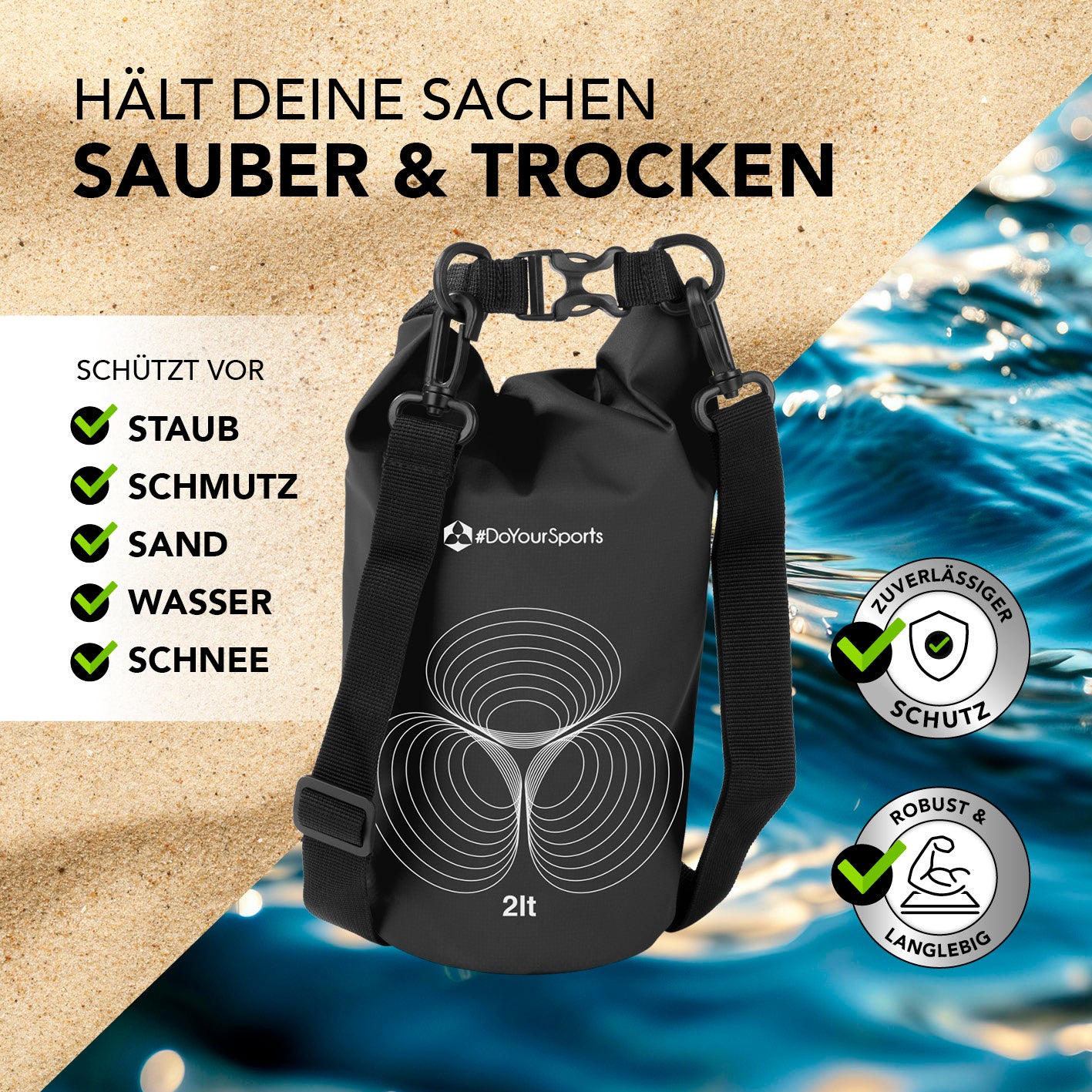 Dry Bag 2L - Schwarz mit wasserdichtem Rolltop, robustem Material und verstellbarem Schultergurt für sicheren Schutz bei Outdoor-Abenteuern.