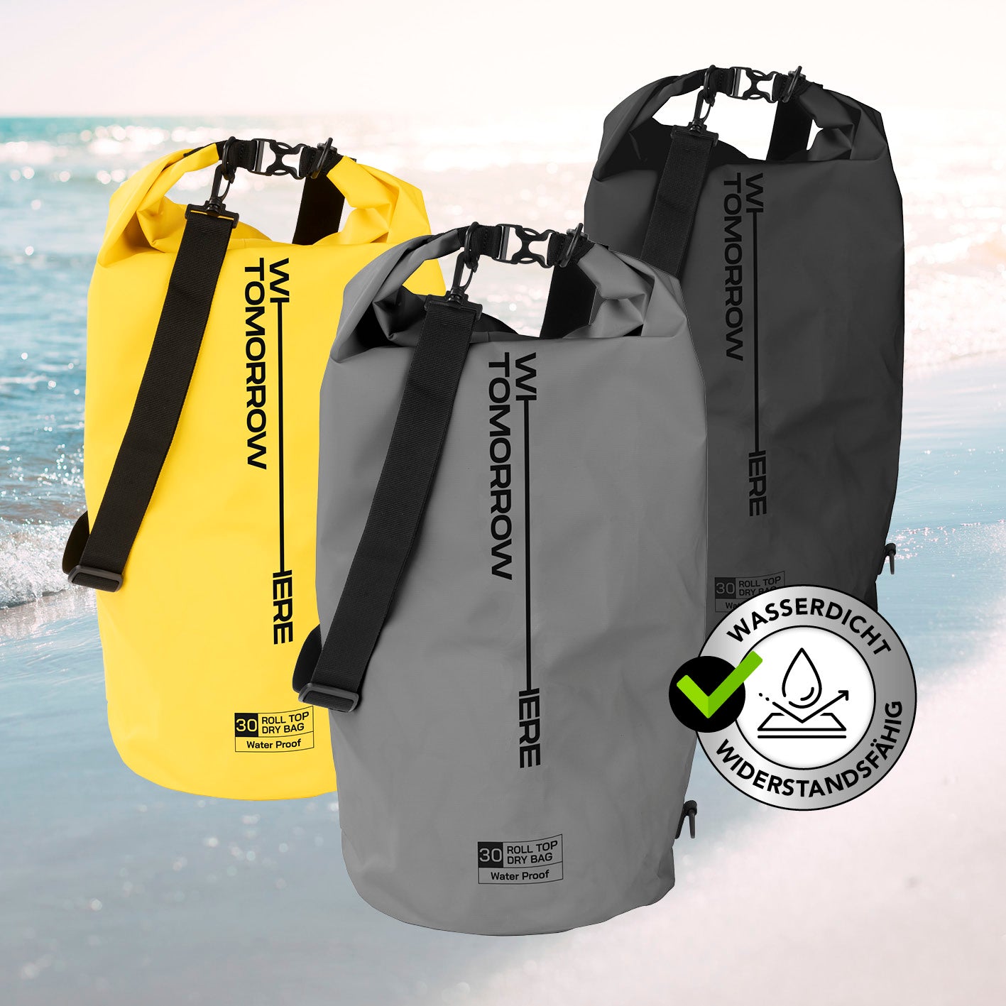 Dry Bag 30L - Style 02 - Grau, wasserdichter, robuster Outdoor-Rucksack mit Rolltop-Verschluss und verstellbarem Schultergurt.