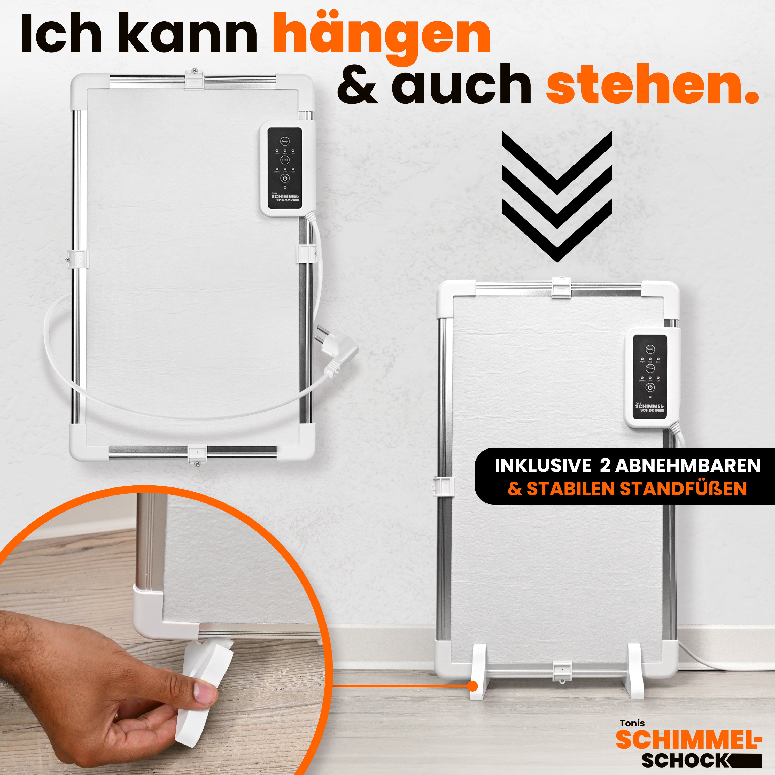 Anti-Schimmelheizung von Tonis SCHIMMELSCHOCK mit flexibler Wand- und Standmontage, inklusive abnehmbarer Standfüße.