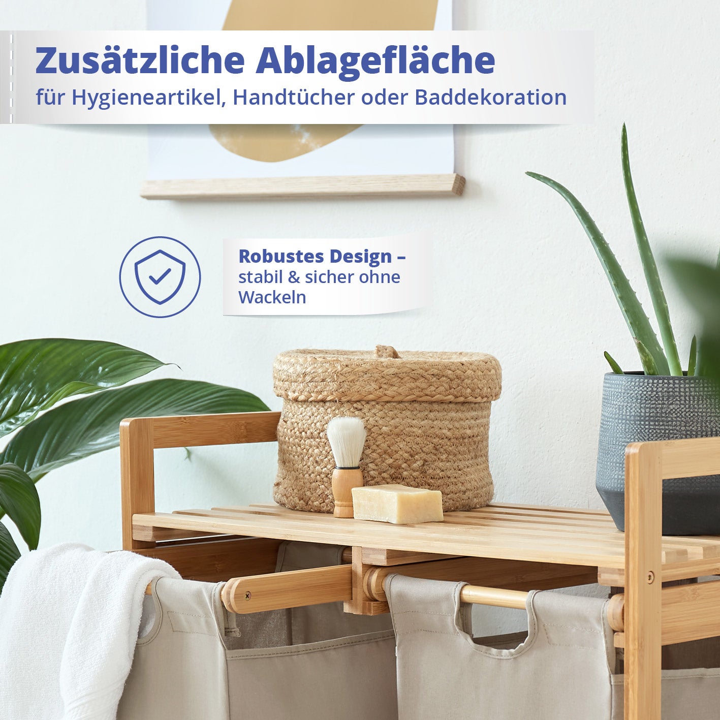 Bambus Wäschekorb mit 2 ausziehbaren Wäschesacken - 73 x 64 x 33 cm - Grau mit robuster Ablagefläche für Handtücher und Hygieneartikel.