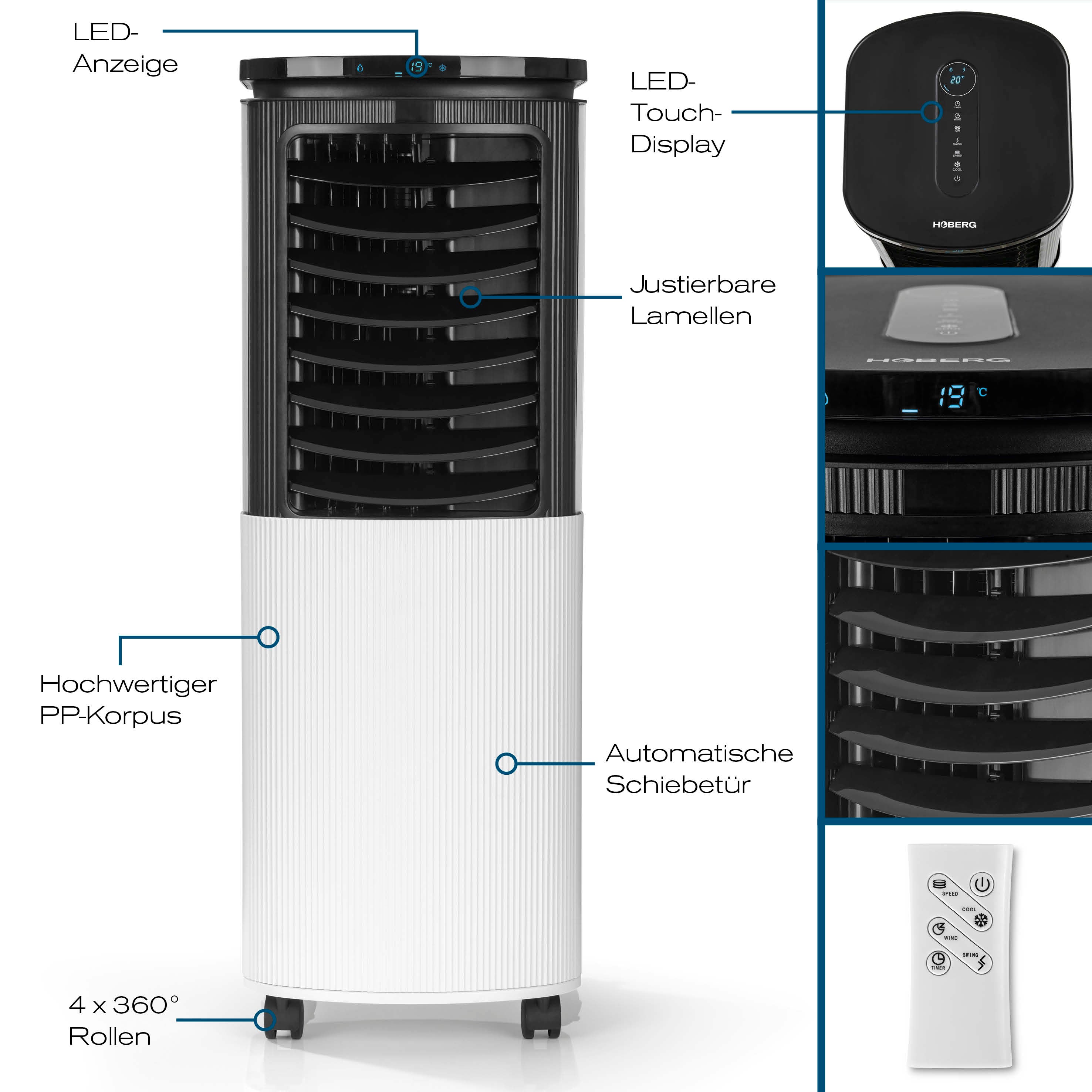 Luftkühler mit Peltier-Element mit LED-Touch-Display, verstellbaren Lamellen, automatischer Schiebetür und Fernbedienung.