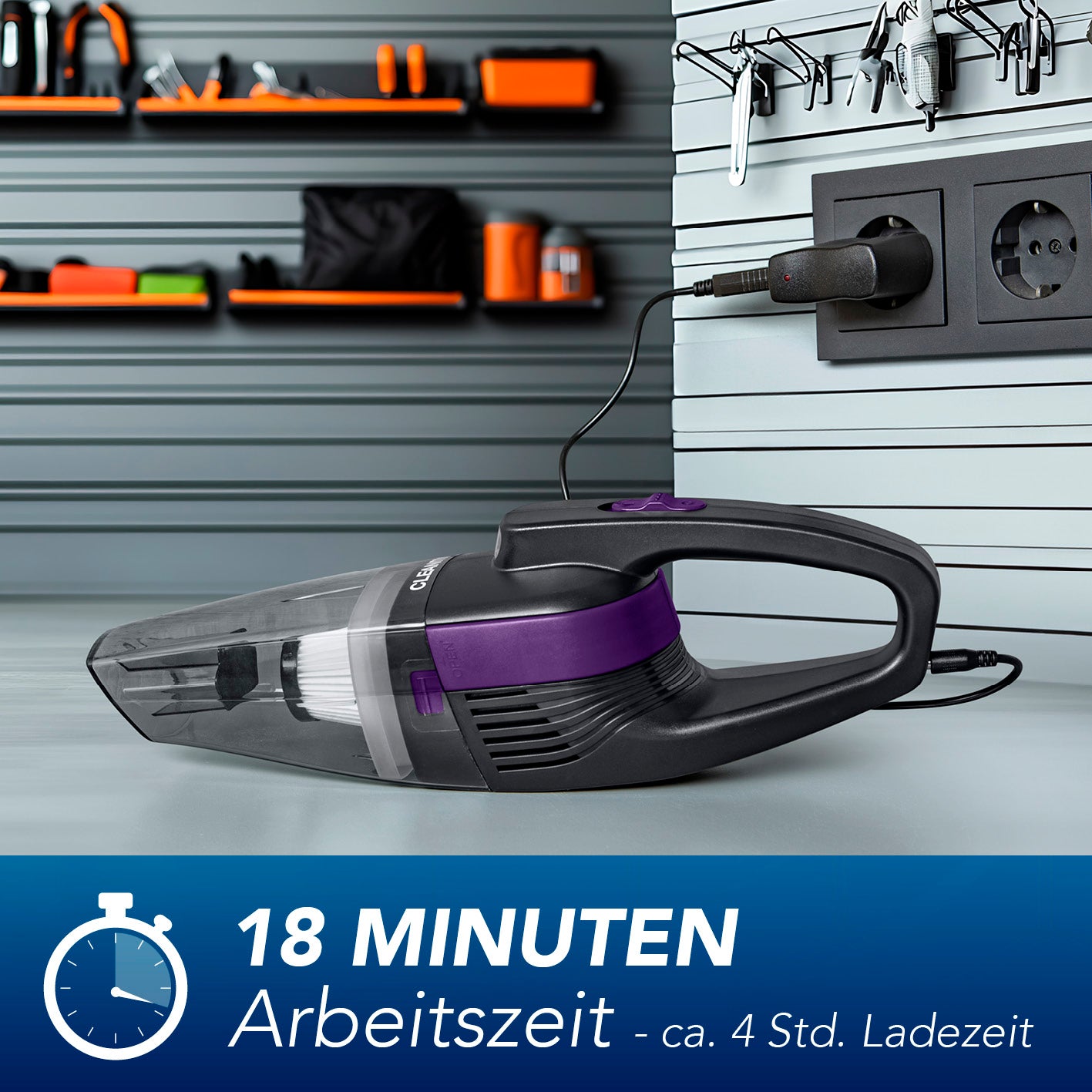 Akku-Handstaubsauger kabellos mit 3500 Pa Saugleistung, 18 Min Laufzeit, 2000 mAh Akku, USB-Ladung und EPA-11-Filter.