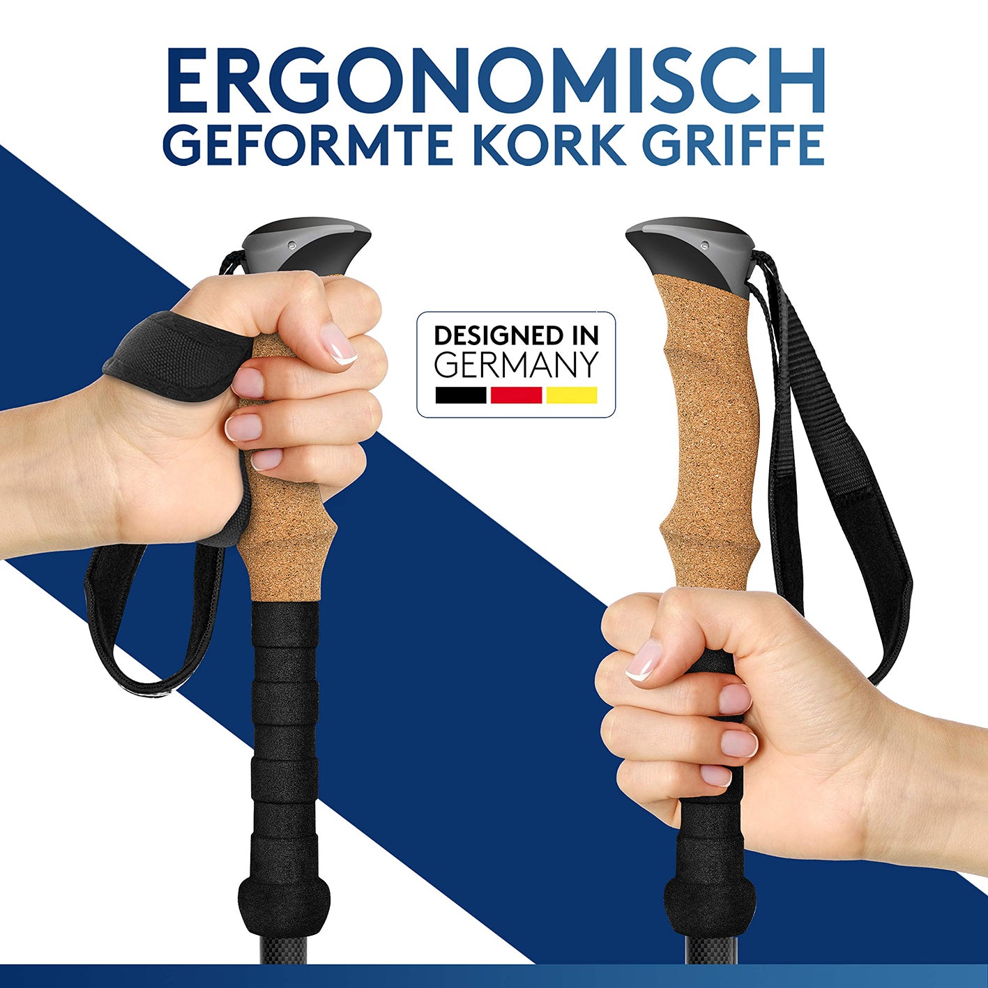 Teleskop Wanderstöcke mit Gummipuffer Set - Carbon mit ergonomisch geformten Korkgriffen und verstellbaren Handschlaufen