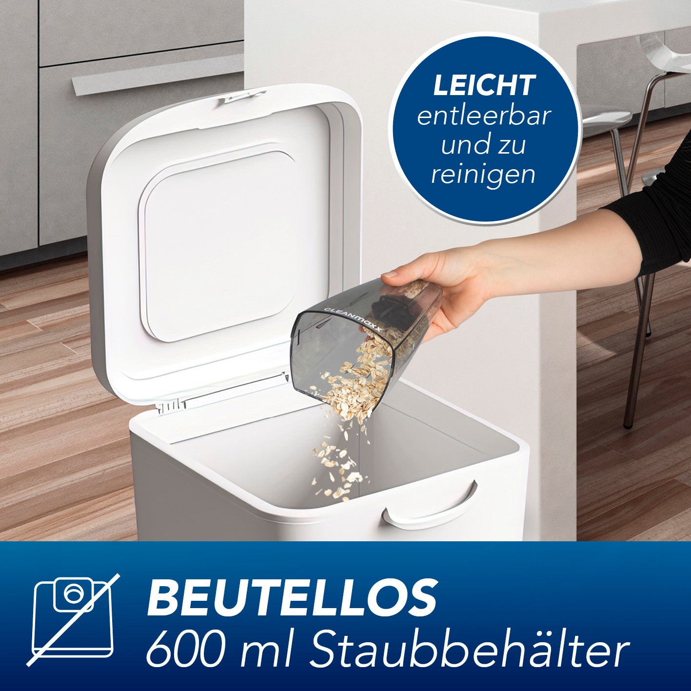 Akku-Handstaubsauger mit 600 ml beutellosem Staubbehälter, leicht entleerbar und ideal für einfache Reinigung.