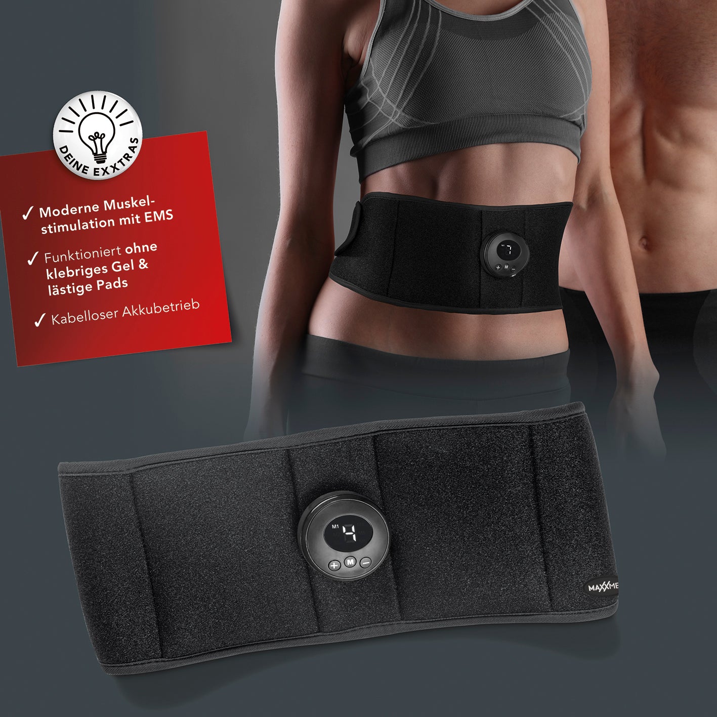 Bauchmuskelgürtel EMS - 6 Programmen - 9 Intensitätsstufen - unisize - schwarz am Bauch getragen, mit kabelosem Akku und Display.