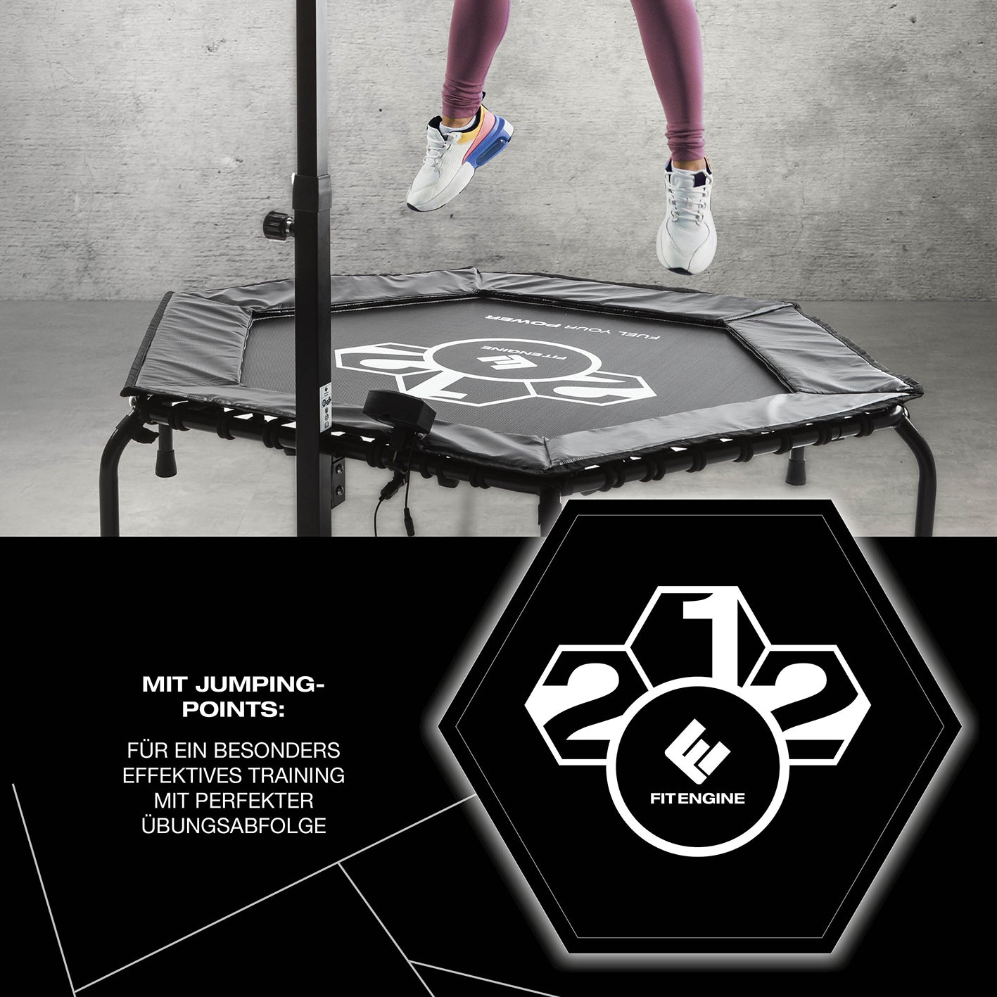 Fitness-Trampolin Smart mit 5-fach höhenverstellbarem Haltegriff, rutschfesten Füßen und Trainingscomputer für effektives Workout.