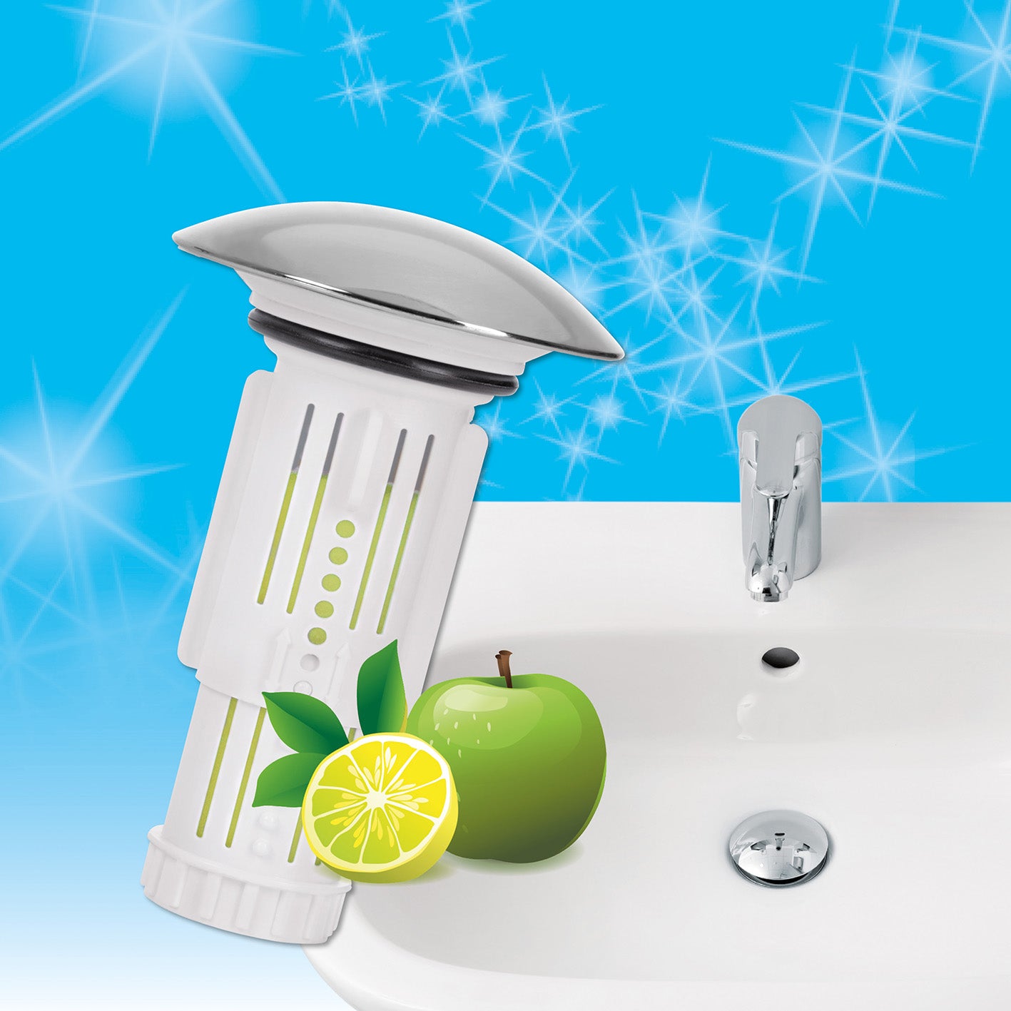 Abfluss-Fee Waschbecken - 4x Verschlussstopfen & 9x Duftstein Zitrone/Apfel für sauberen, duftenden Abfluss ohne Verstopfung.