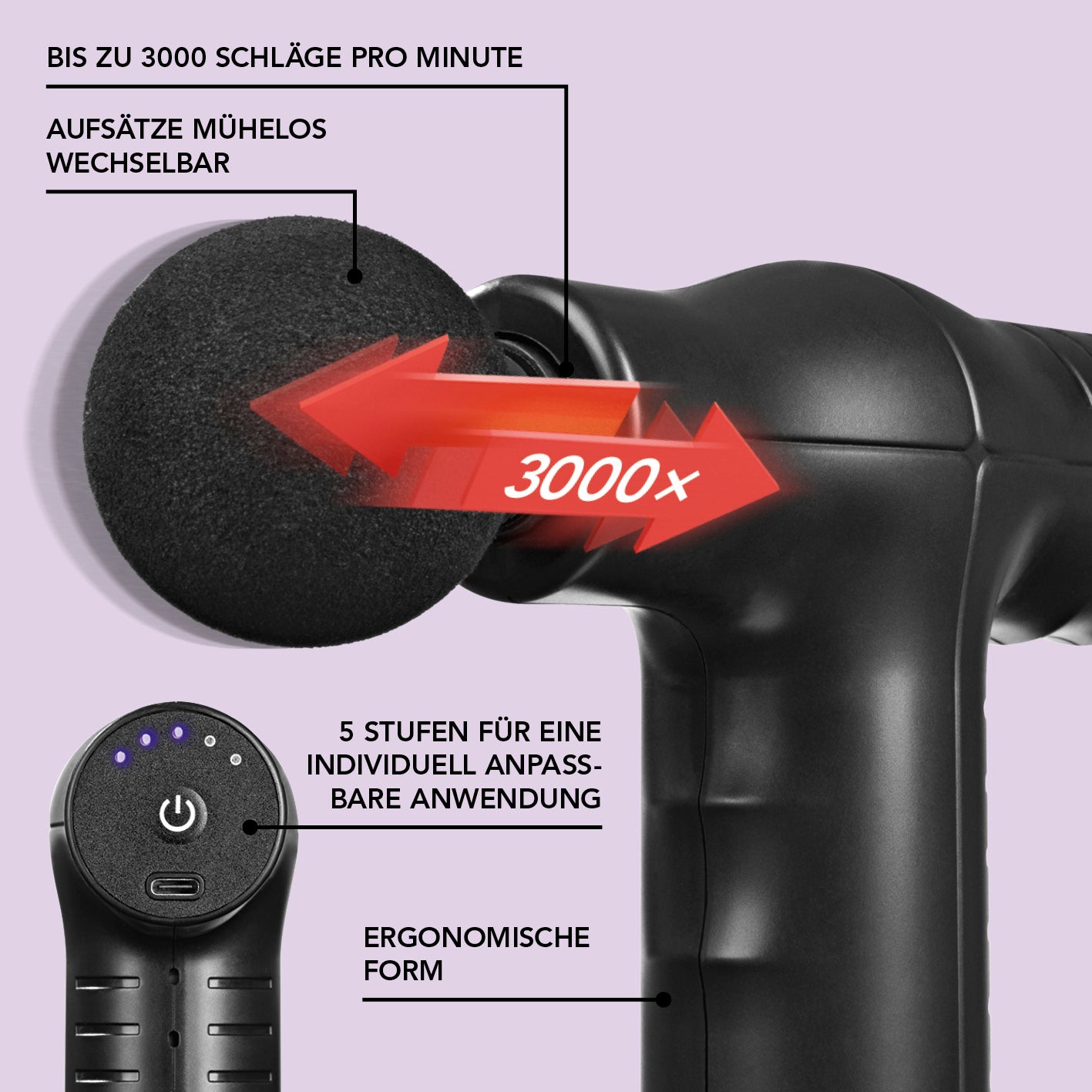 Mini-Massage Gun Smart Grip - schwarz mit 5 Stufen, ergonomischer Form und bis zu 3000 Schlägen pro Minute, wechselbare Aufsätze.
