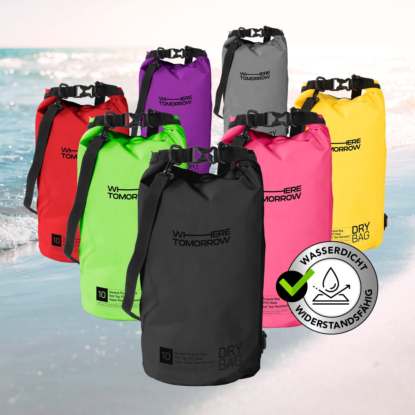 Dry Bag 10L - Style 01 - Schwarz, wasserdichter, robuster Rucksack mit verstellbarem Schultergurt und Rolltop-Verschluss für Outdoor-Abenteuer.