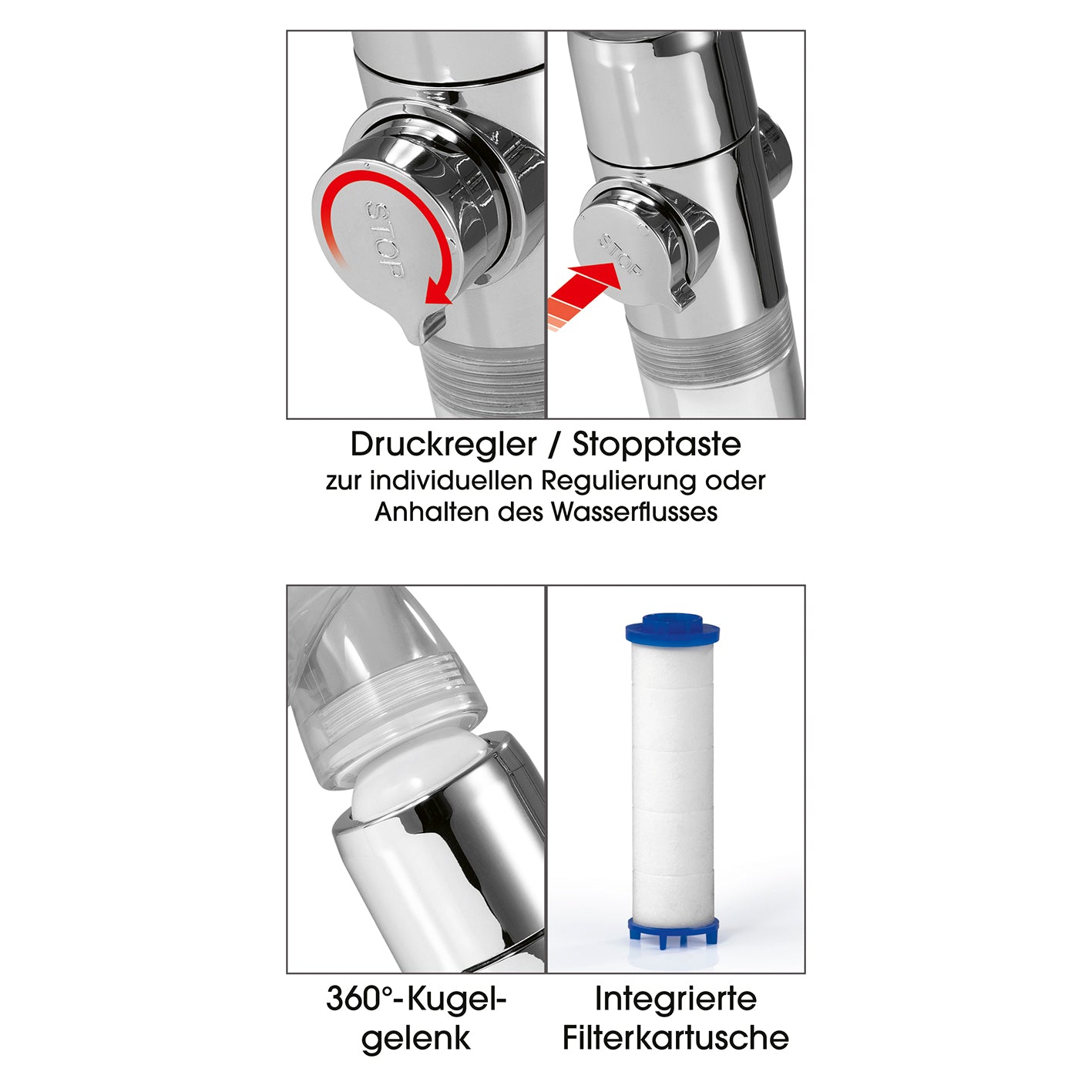 Duschkopf mit Stopp- & Druckregler mit Stopptaste, einstellbarem Druck, 360° Kugelgelenk und integrierter Filterkartusche.