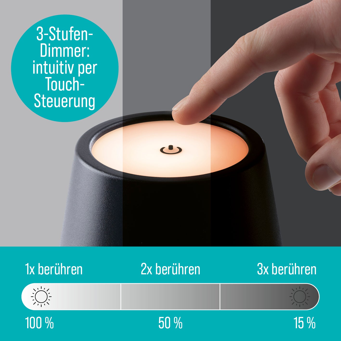 LED-Akku-Tischleuchte mit 3-Stufen-Touch-Dimmer für stufenloses Warmweißlicht und einfache Steuerung ohne Kabel.
