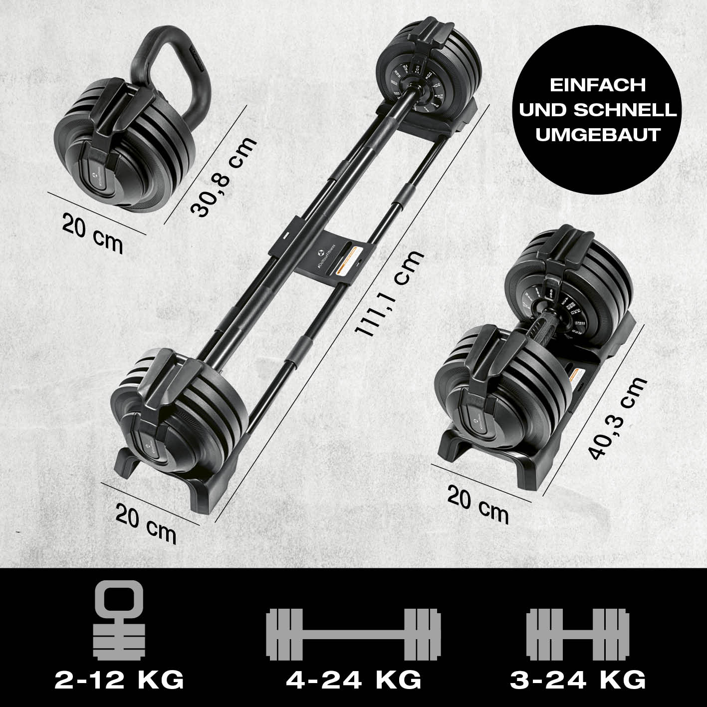 Multifunktionshantel von FitEngine, 3-in-1 verstellbar von 3 bis 24 kg, platzsparend und stabil für vielseitiges Home-Workout.