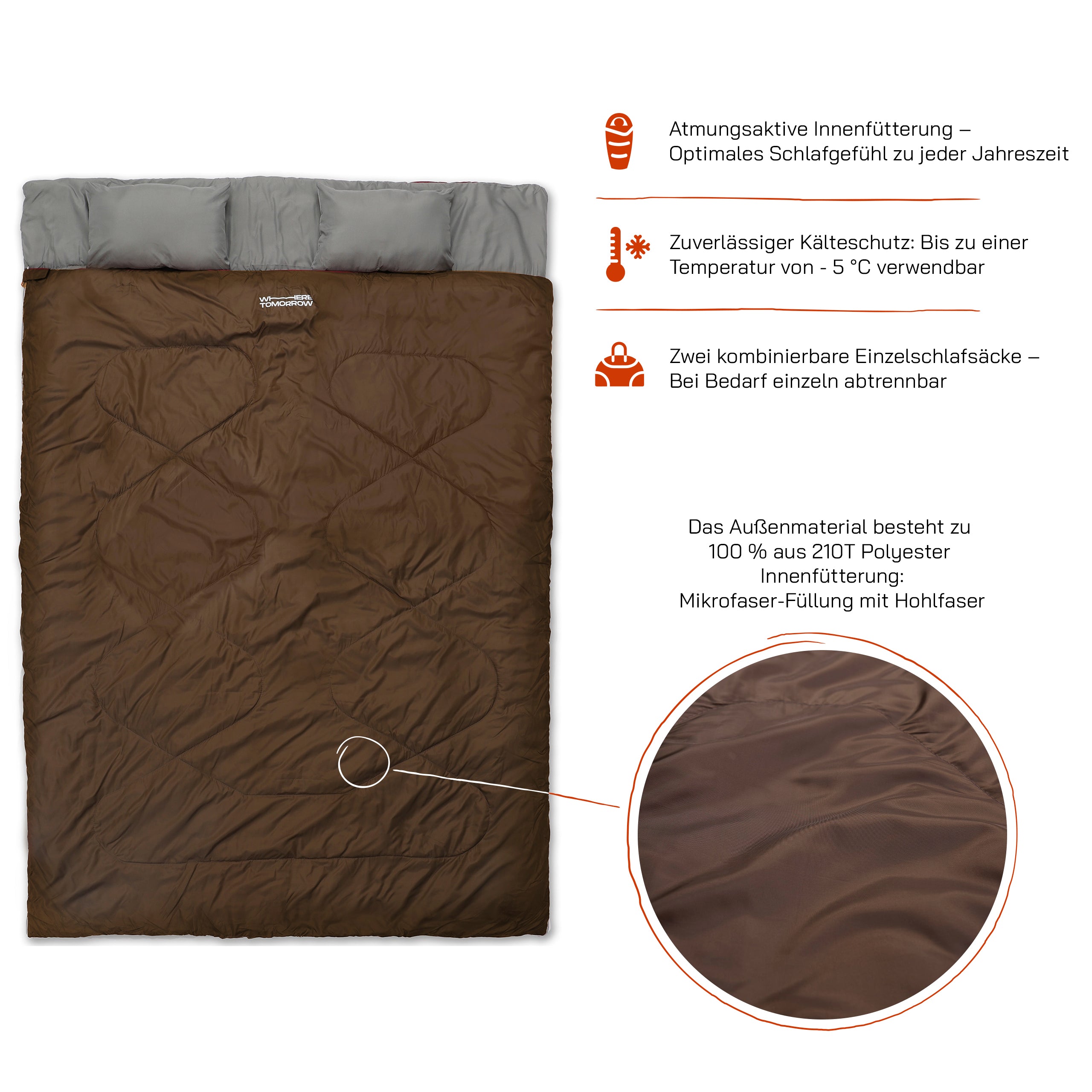 Doppelschlafsack mit Tragetasche - 2-Personen Schlafsack 190x150 cm Braun, wasserabweisend, atmungsaktiv, bis -5 °C, mit Kissenfach.