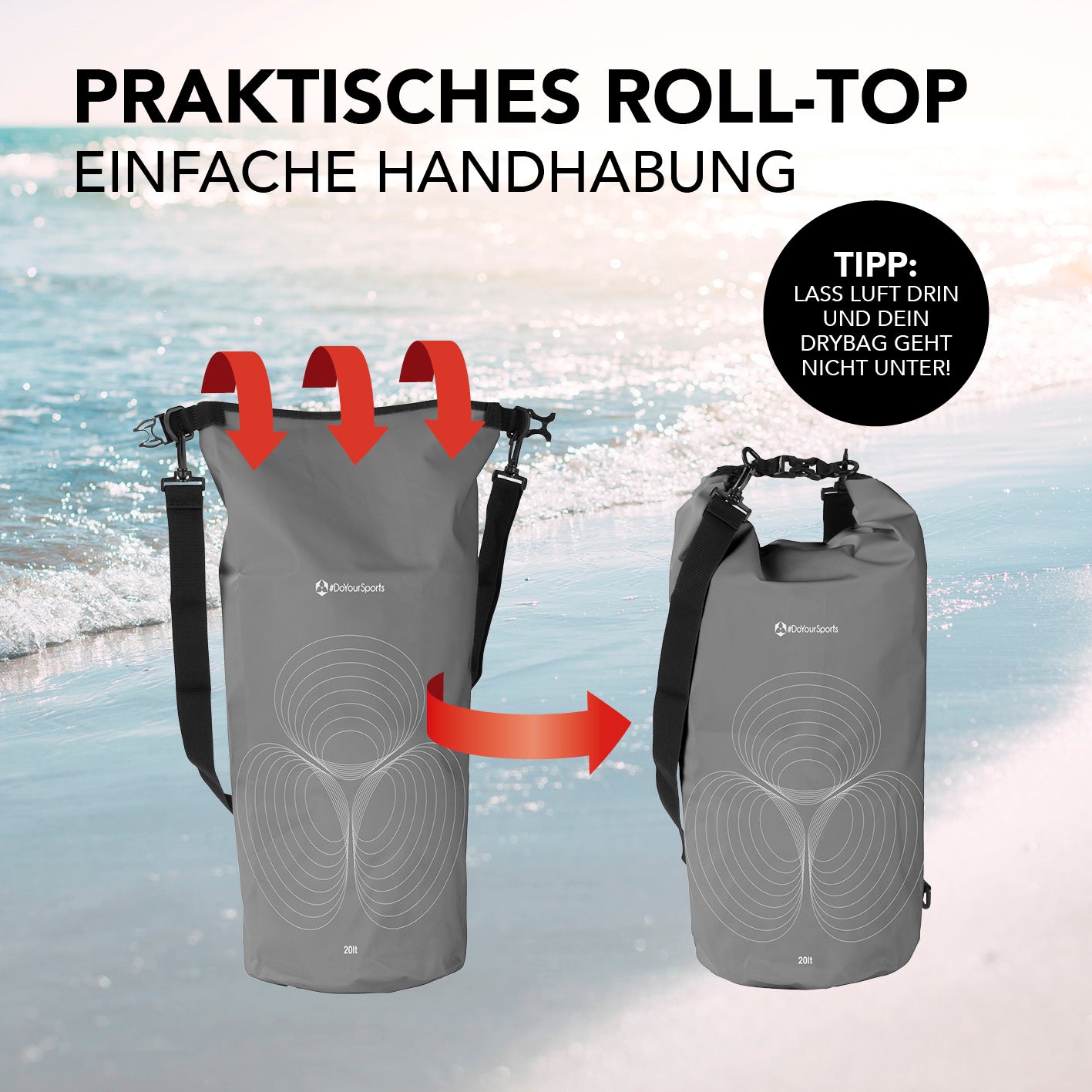 Dry Bag 20L - Grau mit wasserdichtem Rolltop-Verschluss und verstellbarem Schultergurt für sichere Outdoor-Abenteuer.