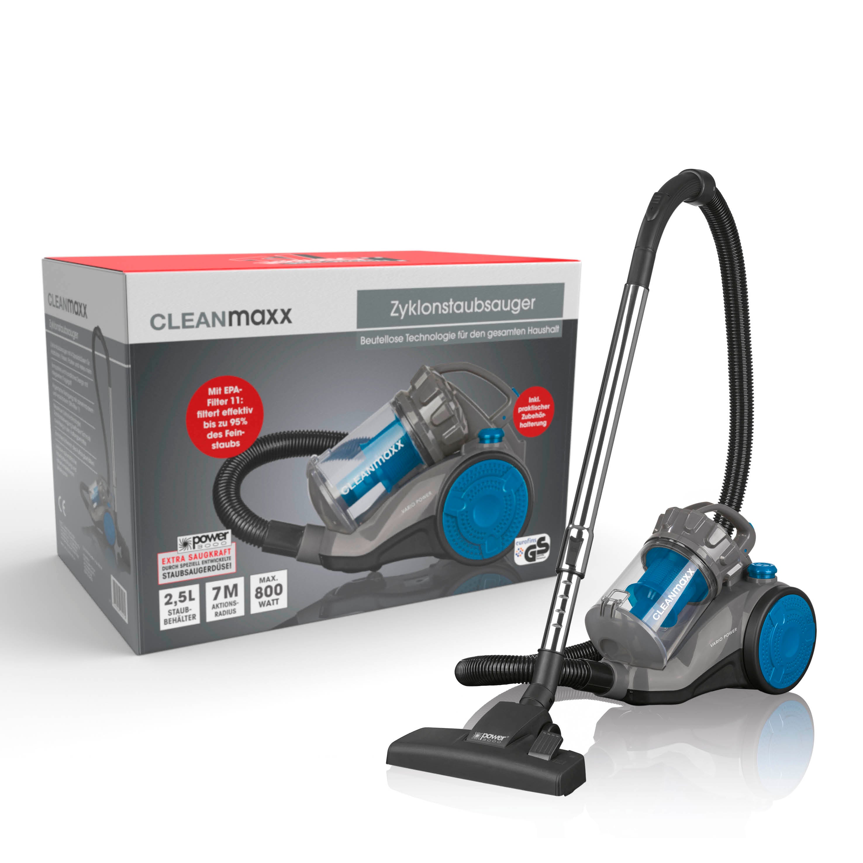Multi-Zyklon-Staubsauger 800W schwarz/blau mit beutelloser Zyklontechnologie, 4 Spezialdüsen und waschbarem EPA-Filter für vielseitige Reinigung.