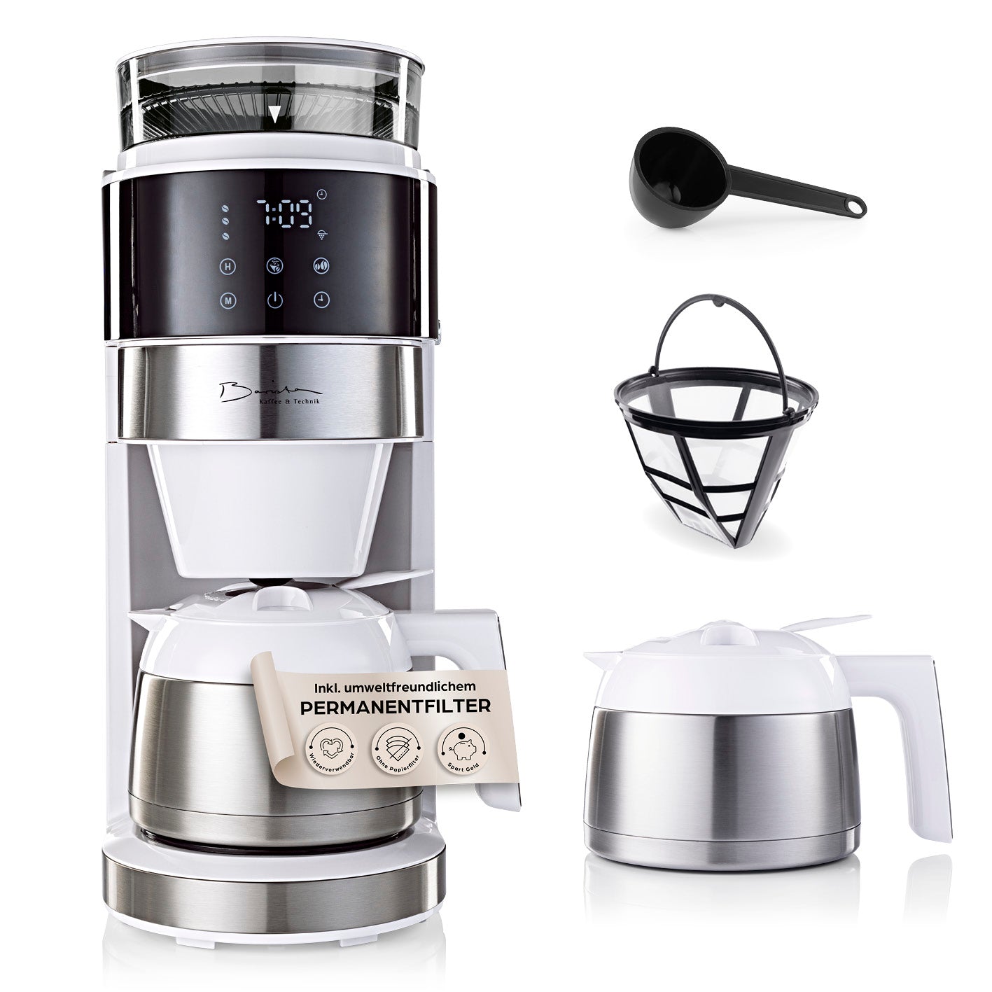 Filterkaffeemaschine Touch Iso mit Mahlwerk - Weiß, integriertes Mahlwerk, LED-Touchdisplay, Timer, 1,25-l Wassertank, Isolierkanne, Permanentfilter.