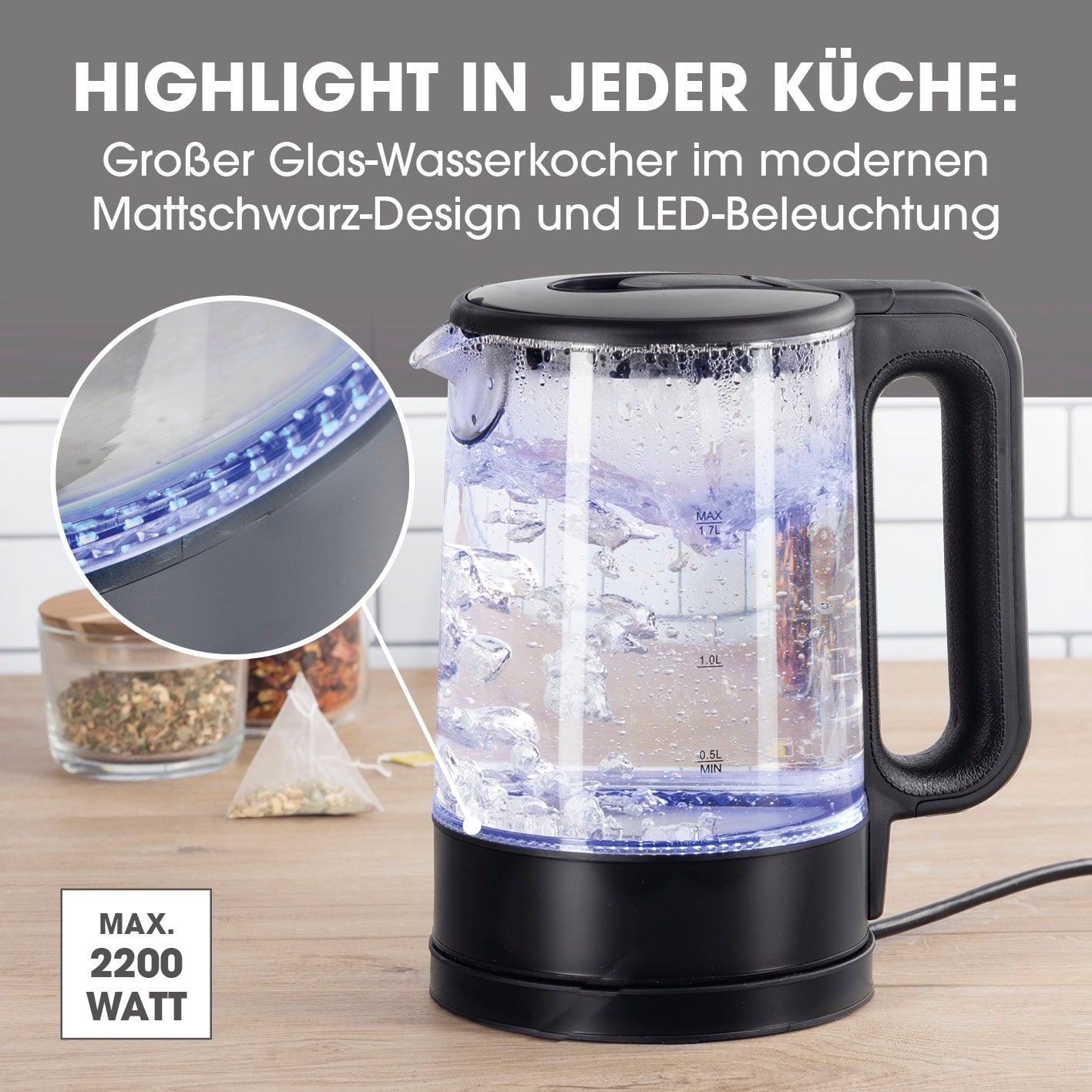 Glas-Wasserkocher LED - 1,7l - schwarz matt mit LED-Beleuchtung, Wasserstandsanzeige und modernem Mattschwarz-Design.