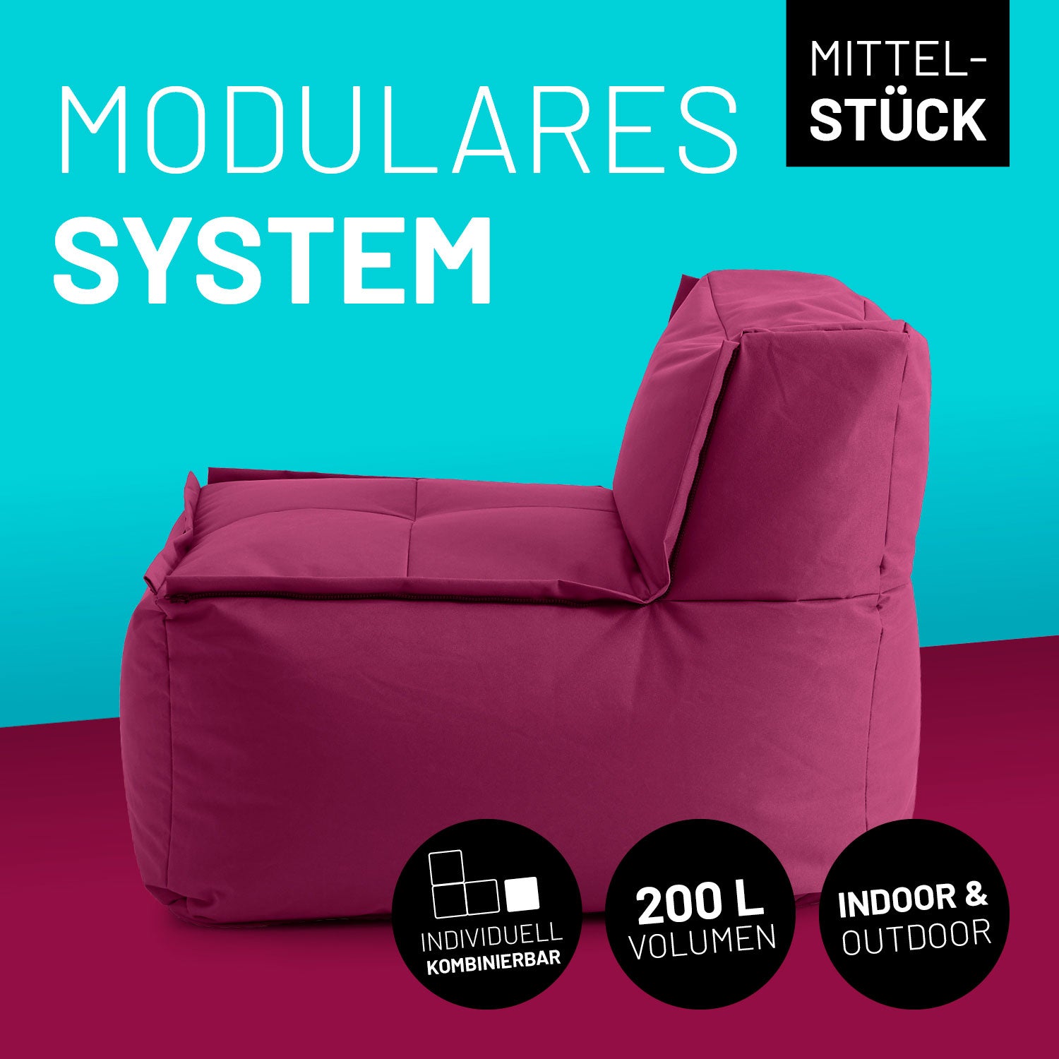 Sitzsack-Sofa Mittelstück (200 L) - Modulares System - indoor & outdoor - Rotwein, extrastark, abwischbar, mit verdeckten Reißverschlüssen.