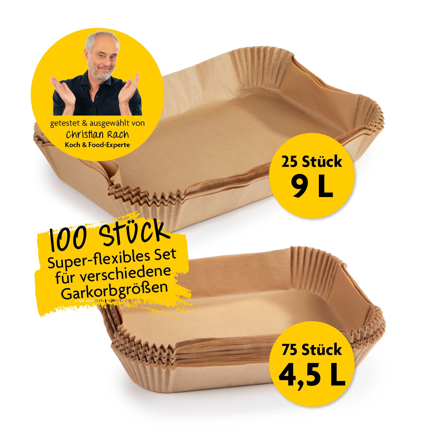 Backpapierschalen für Heißluftfritteusen 2er-Set (4,5 & 9 Liter) mit 2 Rezeptideen, hitzebeständig bis 230° und antihaftbeschichtet.
