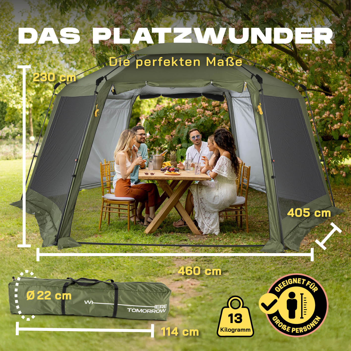 Pop-up-Pavillon mit Mückenschutz - grün, schnell aufbaubar, Platz für 6 Personen, Maße 405x460x230 cm, wetterfest und luftig.