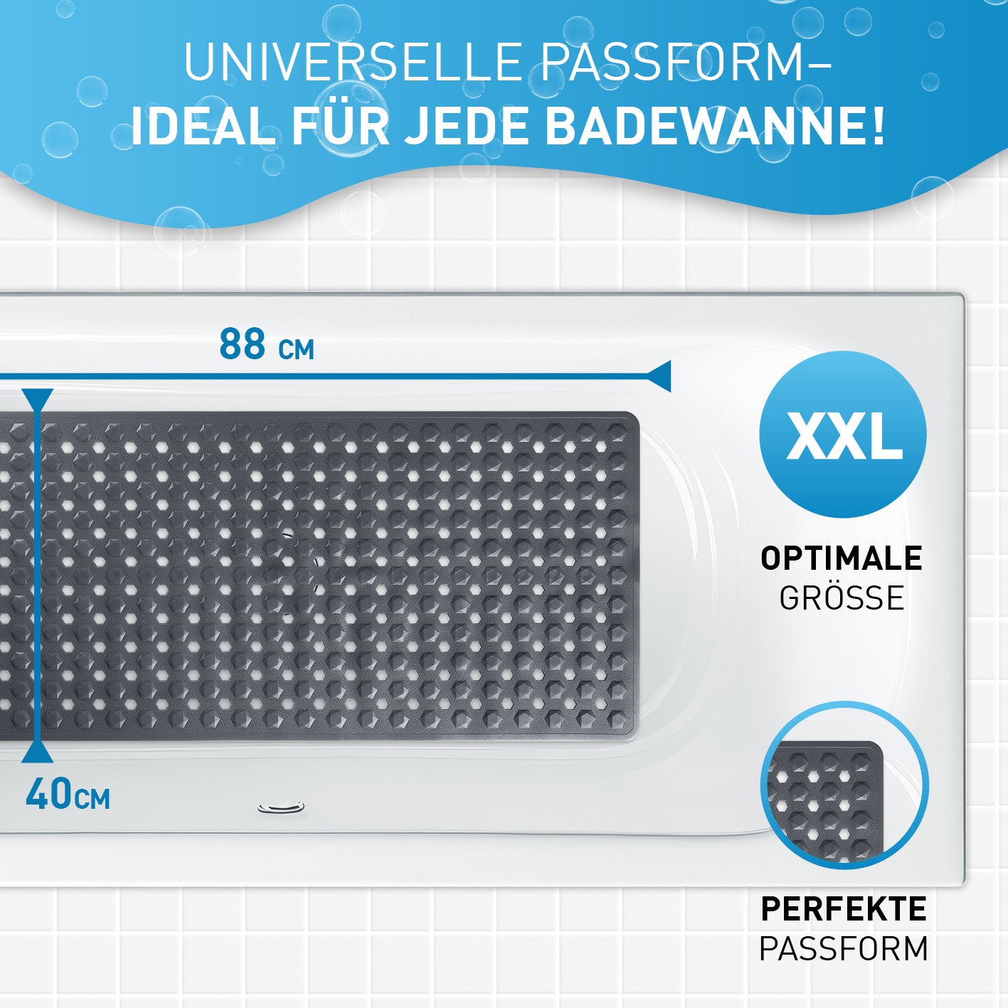 Badewannenmatte 88 x 40 cm – Dunkelgrau mit rutschfester Struktur und Saugnäpfen, optimale Größe für jede Badewanne.