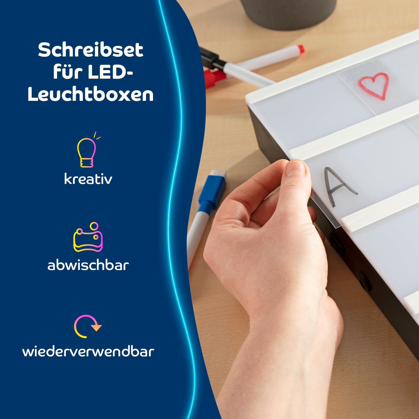 LED-Leuchtkasten mit 173 Buchstaben & Symbole inkl. Schreib-Set mit 3 Stiften und 20 Karten, individuell beschriftbar und wiederverwendbar.