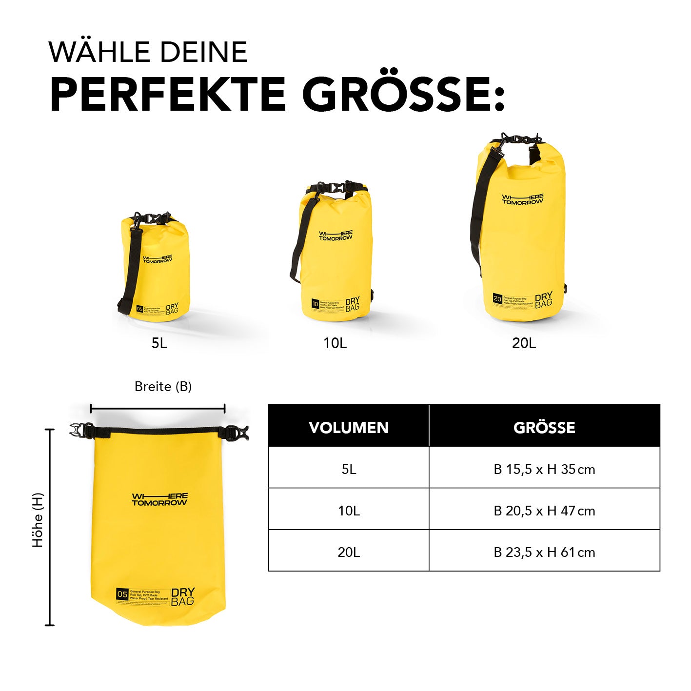 Dry Bag 10L - Style 01 - Gelb wasserdichter, robuster Rucksack mit UV-Schutz und verstellbarem Schultergurt für Outdoor-Abenteuer.