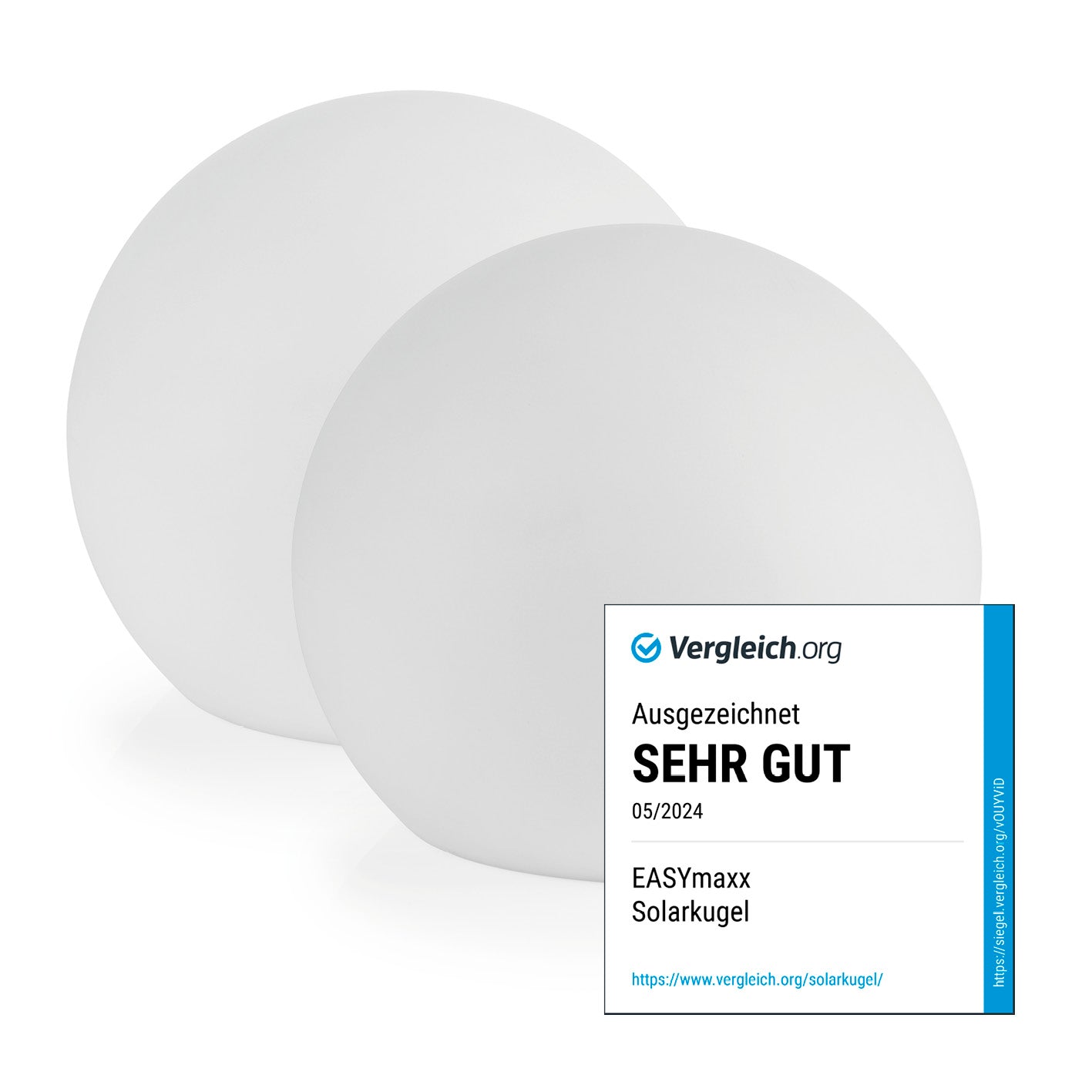 Solar-Dekokugel mit Farbwechsel - 2er-Set, zwei weiße kugelförmige Solar-LED-Leuchten mit Farbwechsel und Fernbedienung.