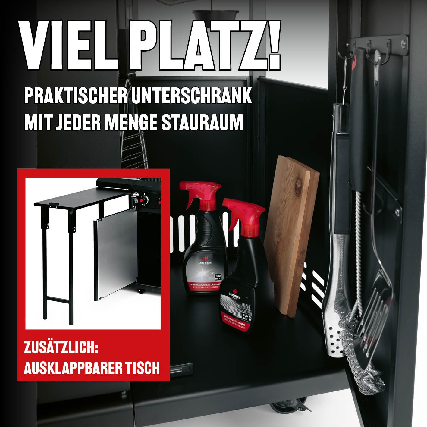 Gasgrill 6.1 mit praktischem Unterschrank, viel Stauraum und ausklappbarem Seitentisch für bequemes Grillen und Zubehör.