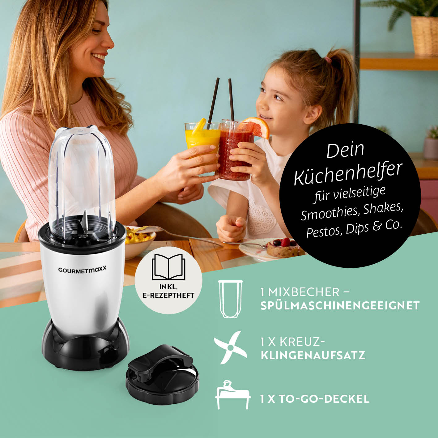 Mr. Magic Power 400 Pro Basis-Set M – kompakter Standmixer Silber/Schwarz mit 400W Motor und praktischem To-go-Deckel für Smoothies und Shakes.
