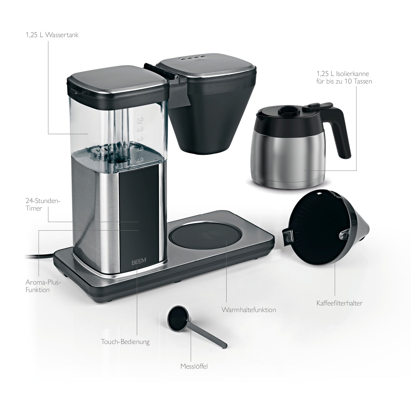 DIRECT-BREW Filterkaffeemaschine - Thermo mit 1,25 l Thermokanne, 24-Stunden-Timer und Aroma-Plus-Funktion für individuellen Kaffeegenuss.