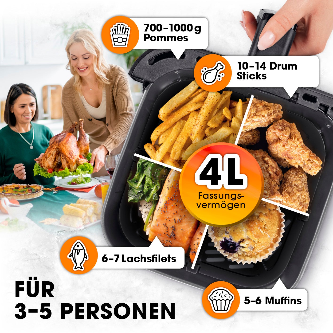 Heißluftfritteuse mit 4 Litern Fassungsvermögen - 1400 Watt, multifunktional für 3-5 Personen, knusprig und fettarm zubereitet.