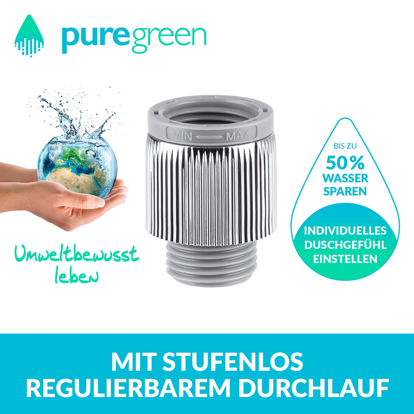 Einstellbarer Wassersparer für die Dusche - chromfarben - 2er-Set mit stufenlos regulierbarem Wasserdurchlauf und geriffelter Oberfläche.